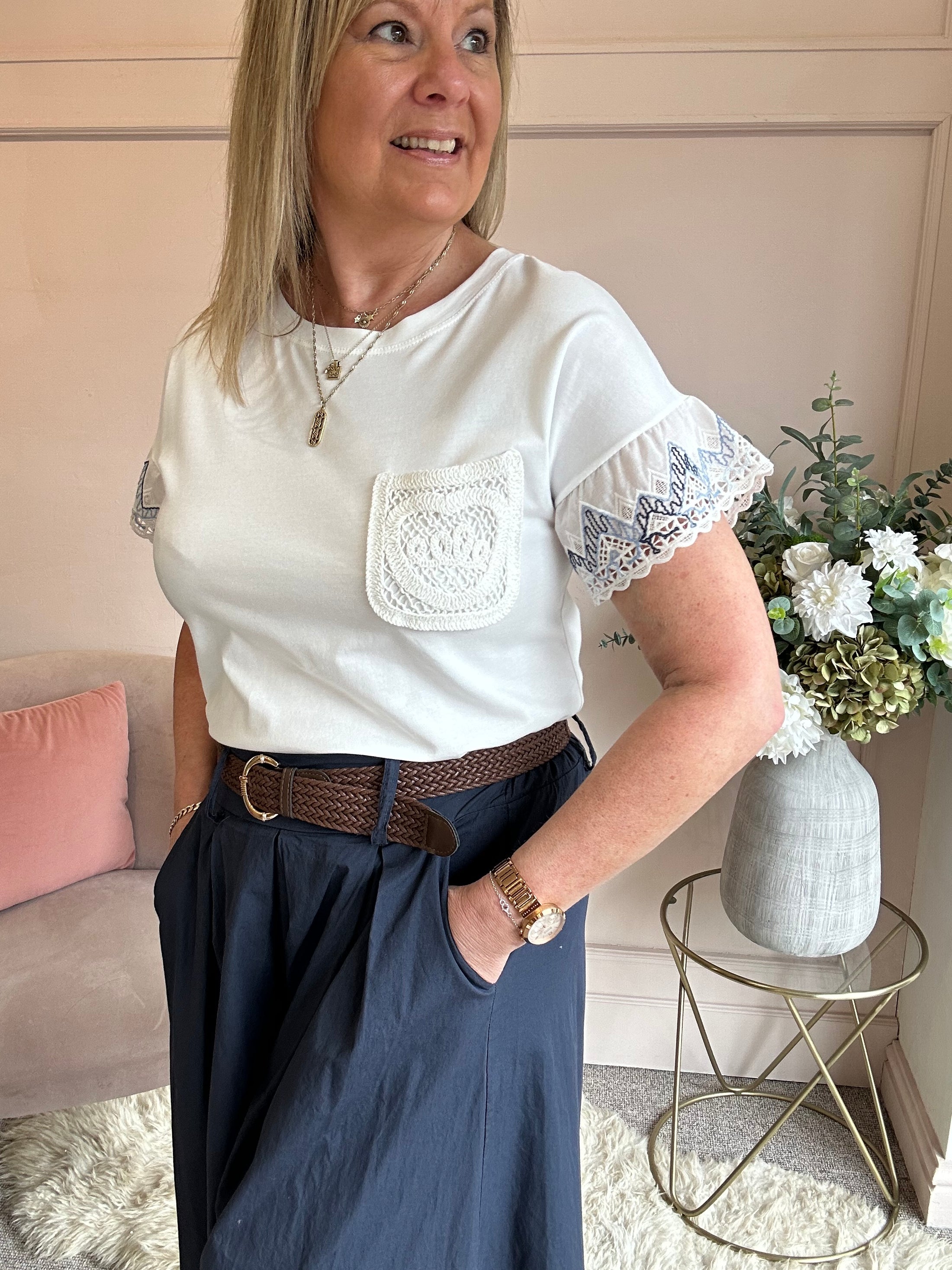 Embroidery & Crochet T Shirt  - White/Blue - Wardrobe By Simone