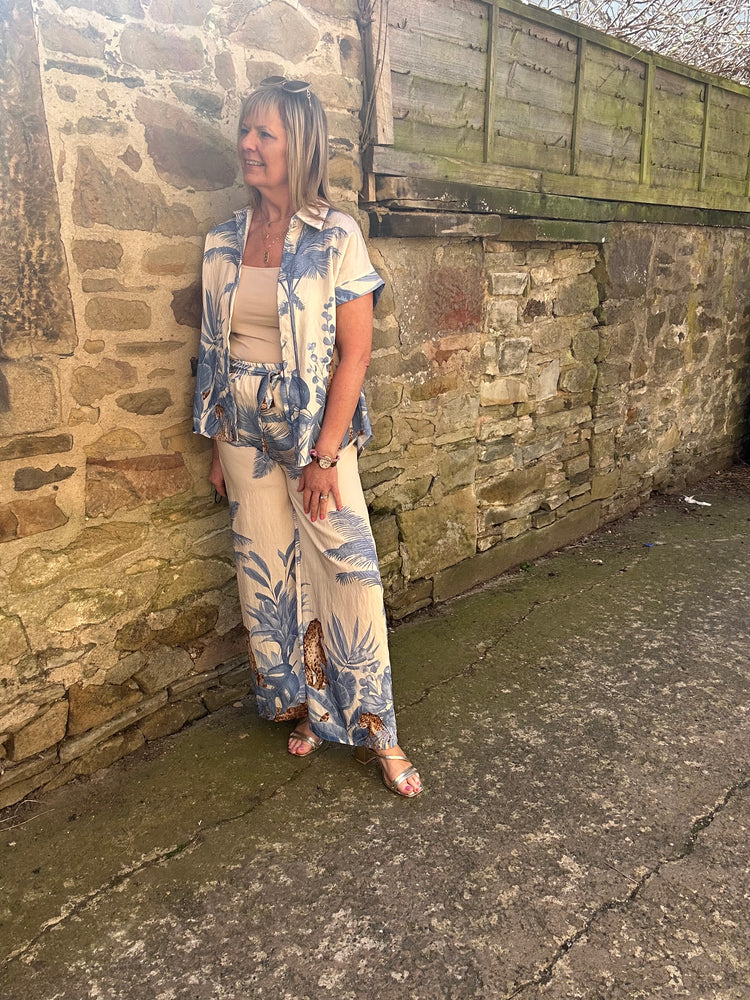 Cheetah & Palm Print Shirt - Cream/Blue