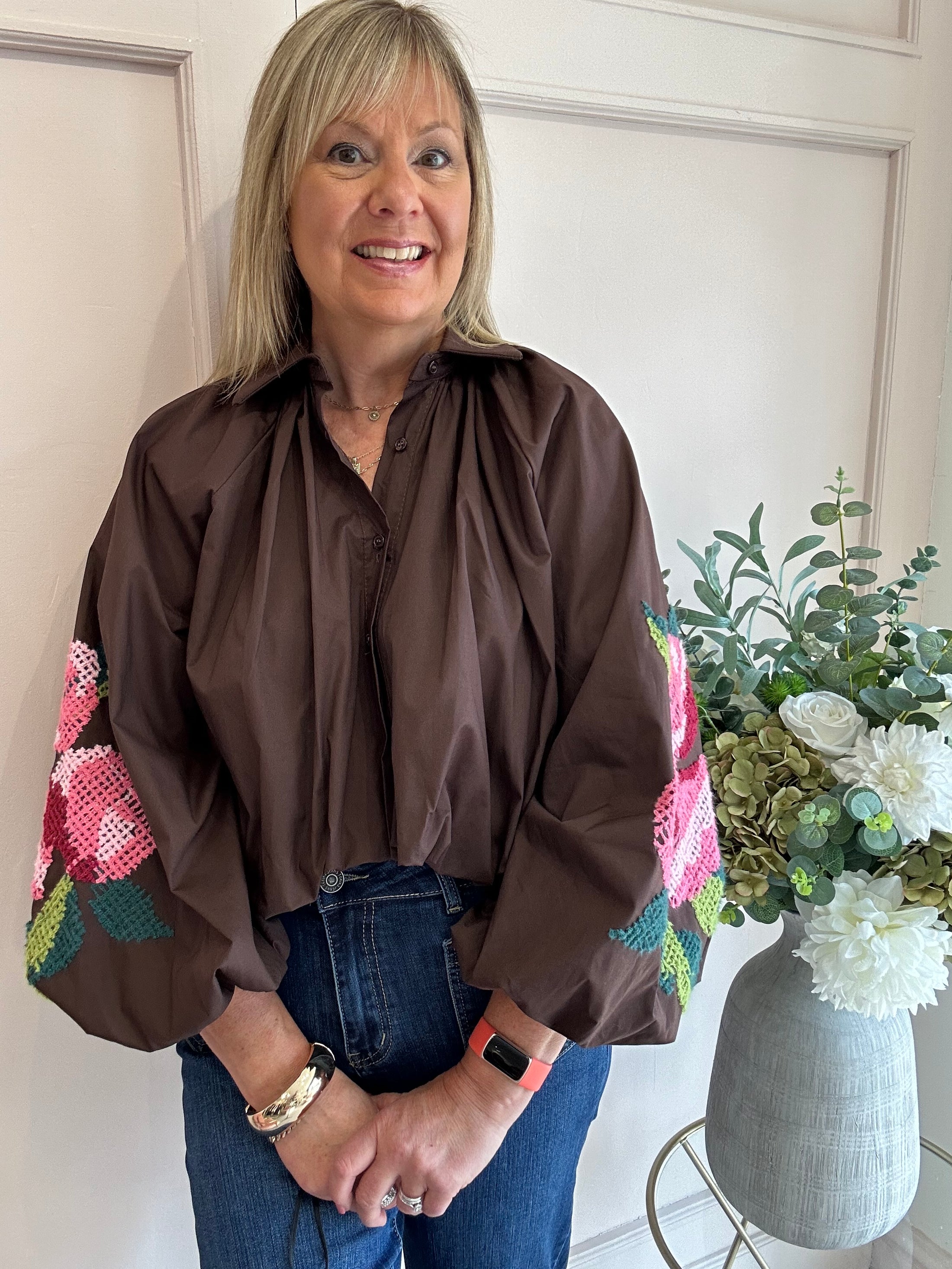 Floral Embroidered Sleeve Shirt - Brown