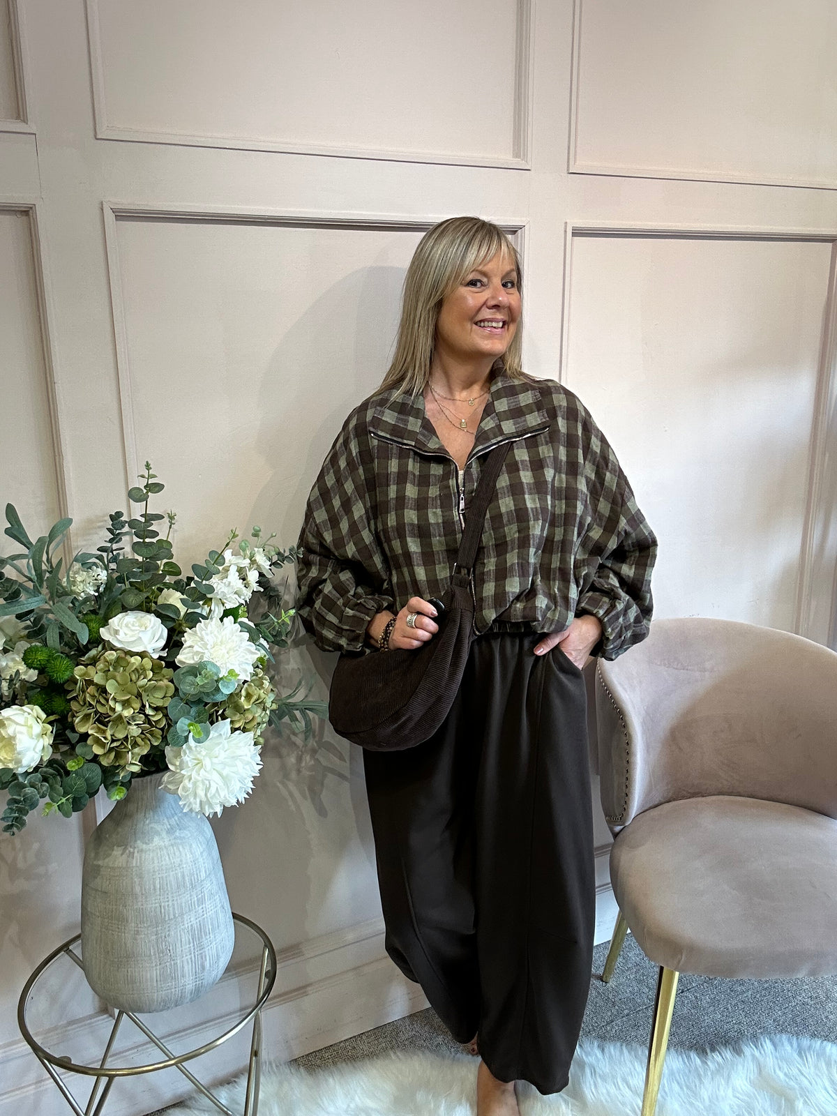 A Checked Zip Jacket - Khaki/Brown - Wardrobe By Simone