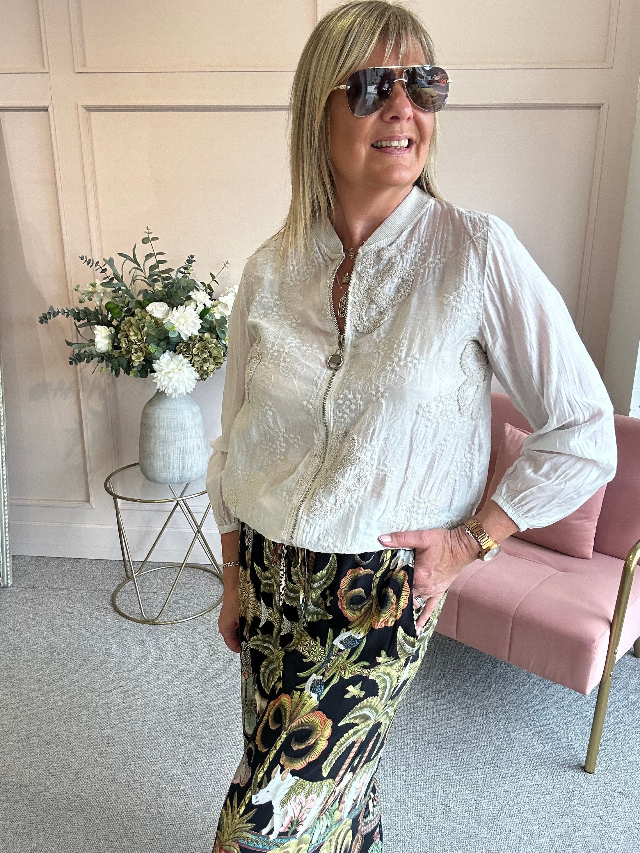 Embossed Floral Zip Jacket - Light Beige