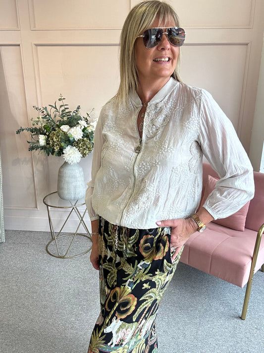 Embossed Floral Zip Jacket - Light Beige