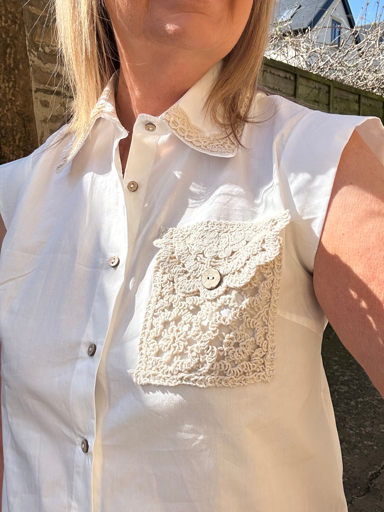 Crochet Collar Edged Sleeveless Shirt - Pale Cream