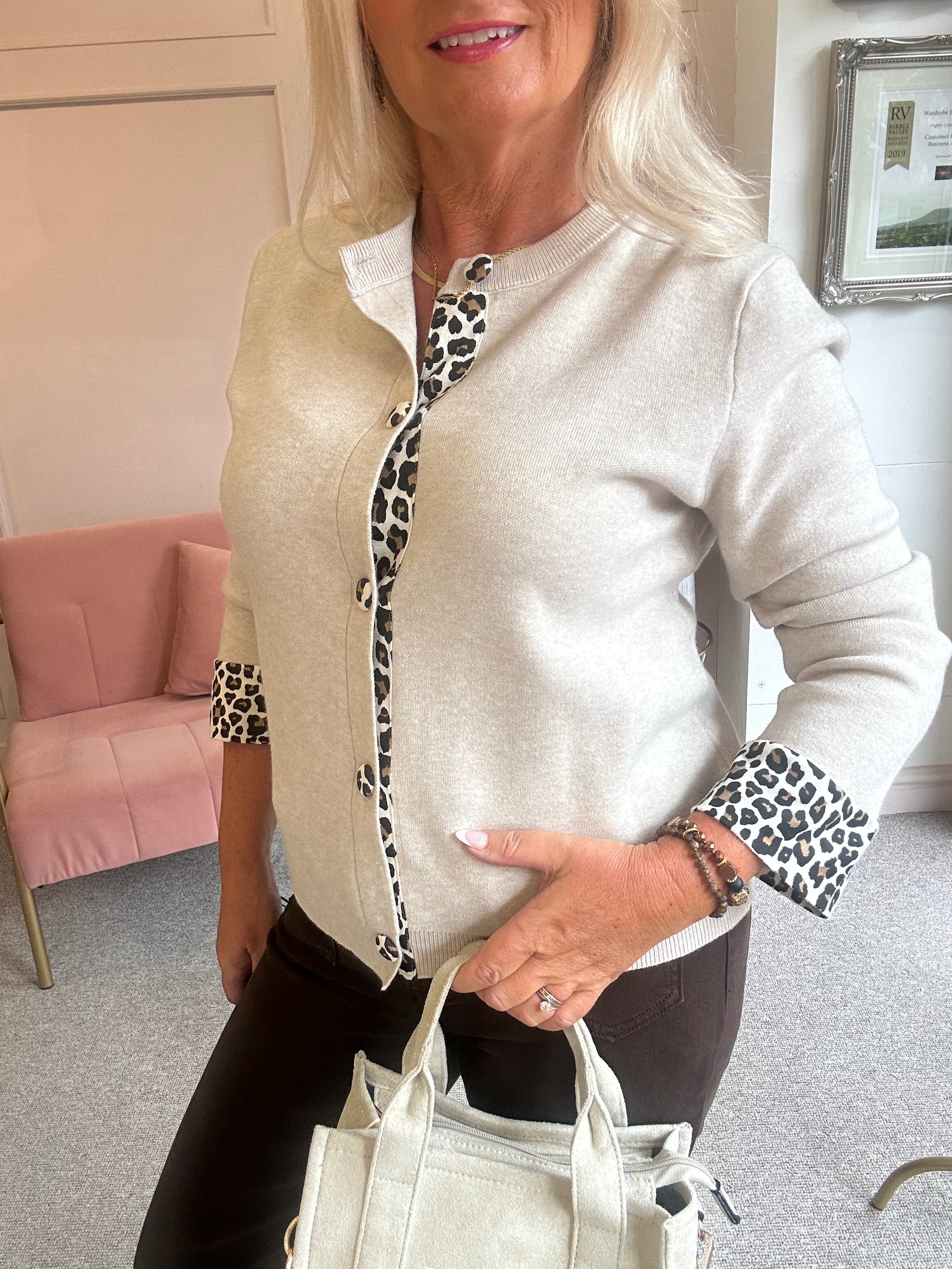 Leopard Edge Cardi Jacket - Oatmeal