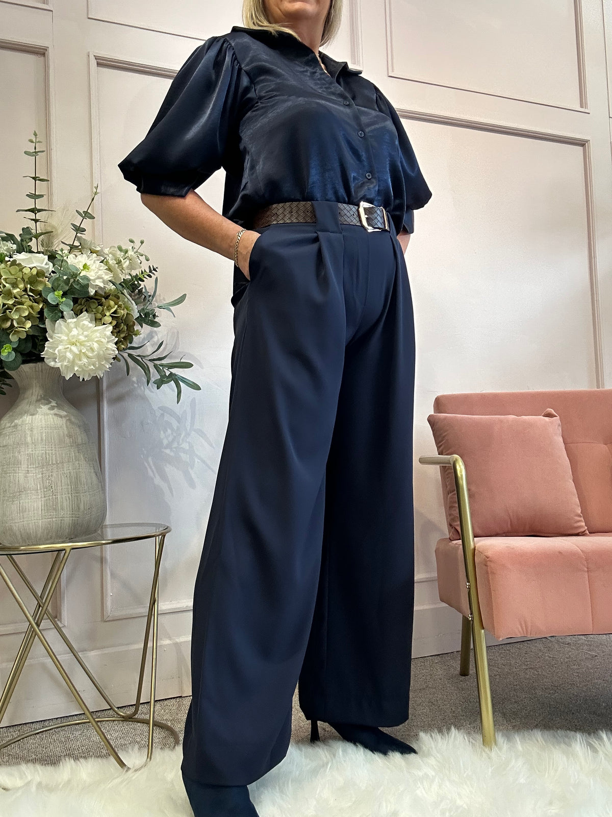 Stylish Belted Pant - Navy