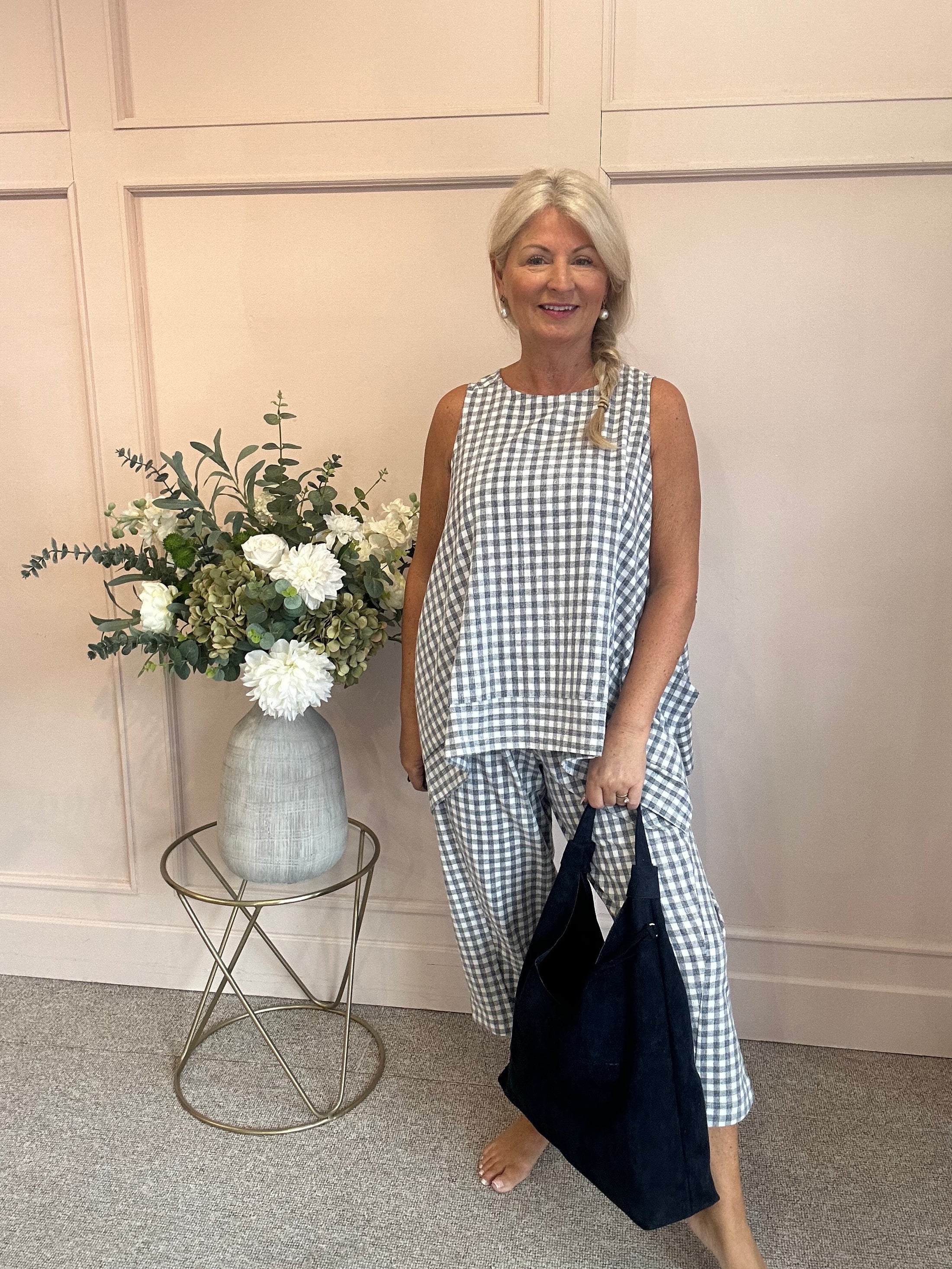 Floaty Sleeveless Top Gingham - Grey/Blue One Size