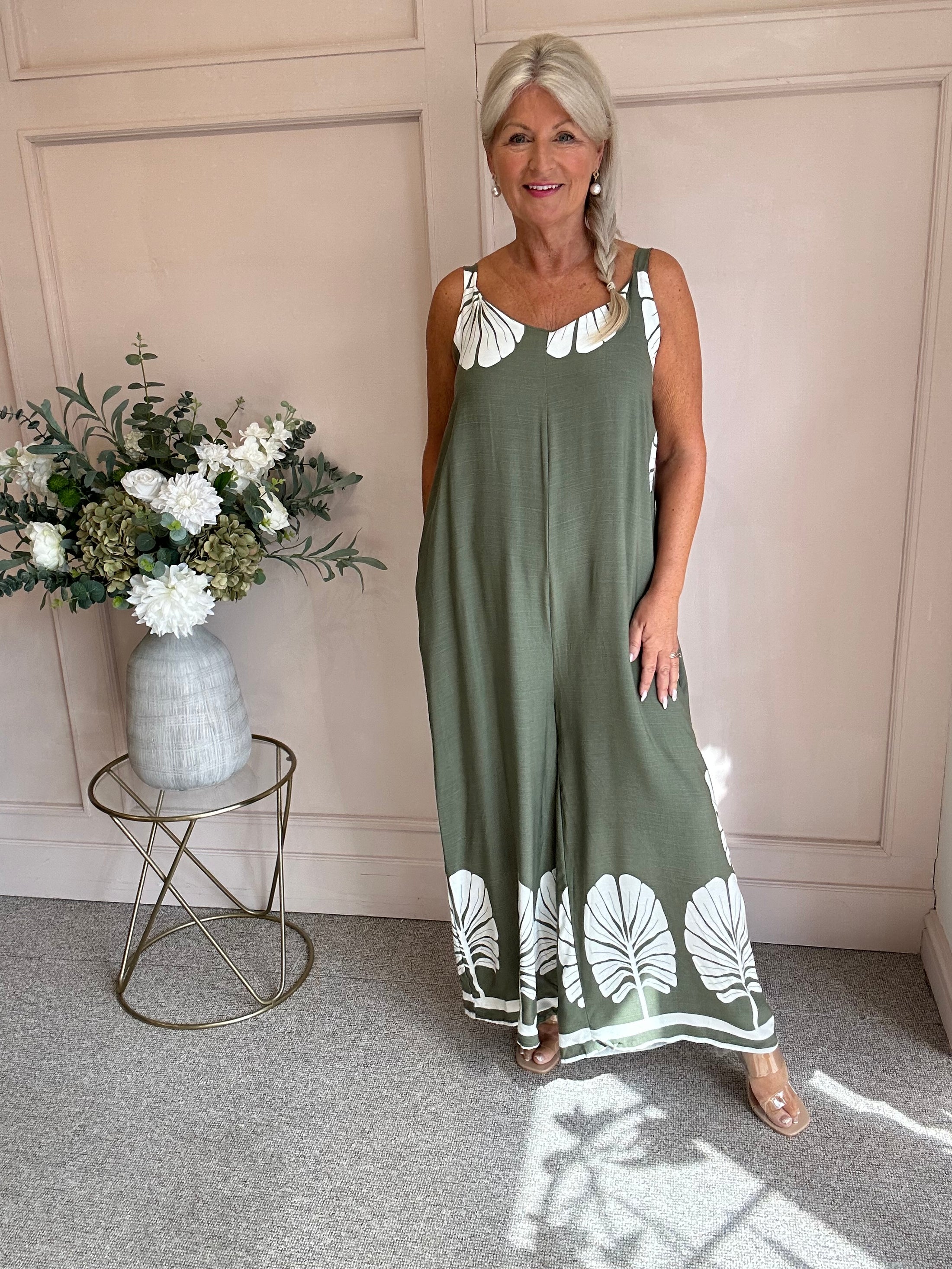 Palm Leaf Jumpsuit - Khaki/Cream - Wardrobe By Simone