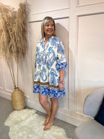 Floral Paisley Smock Tunic Dress - Blue/White - Wardrobe By Simone
