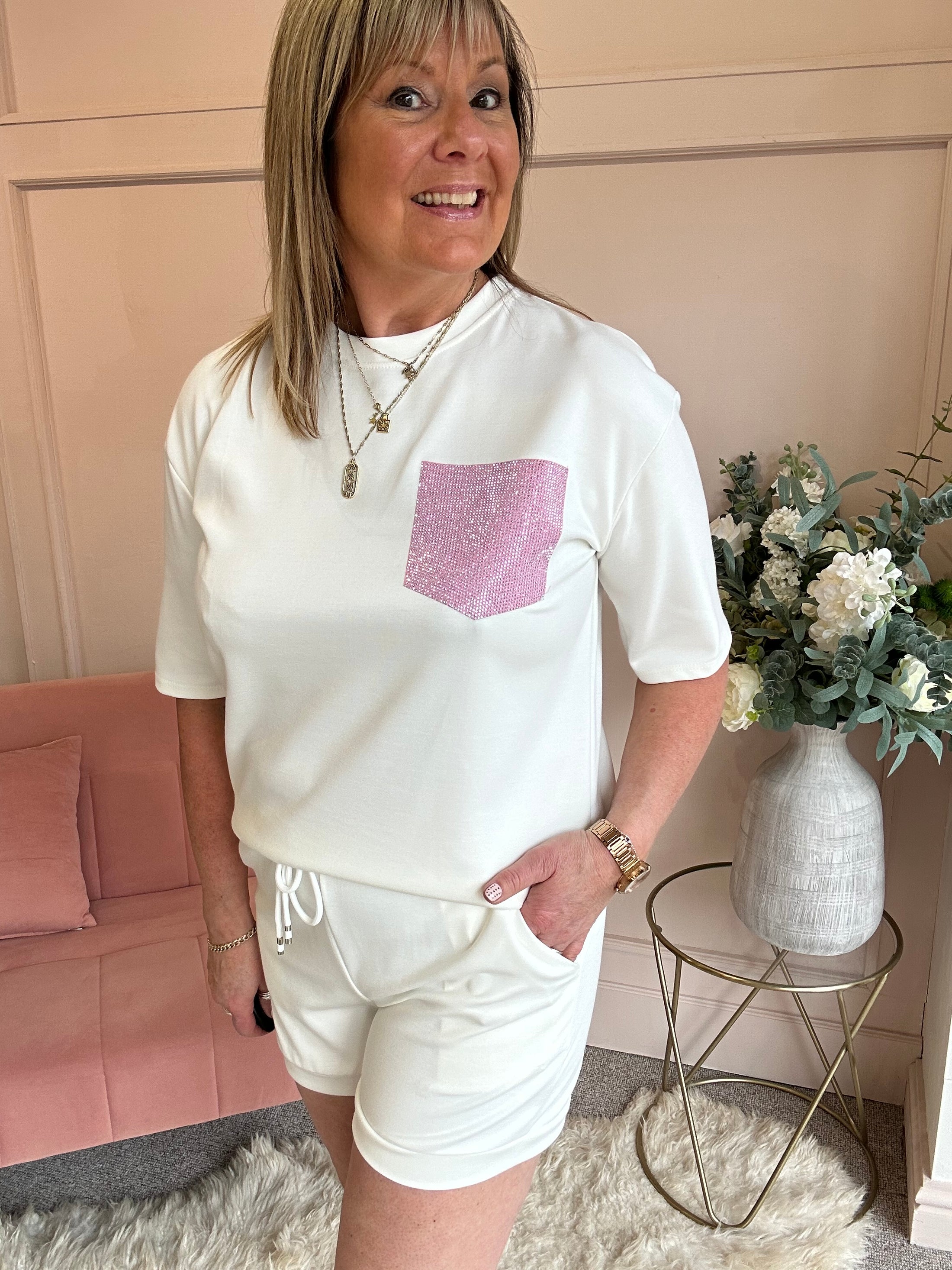 T Shirt & Short Set - White/Pink - Wardrobe By Simone