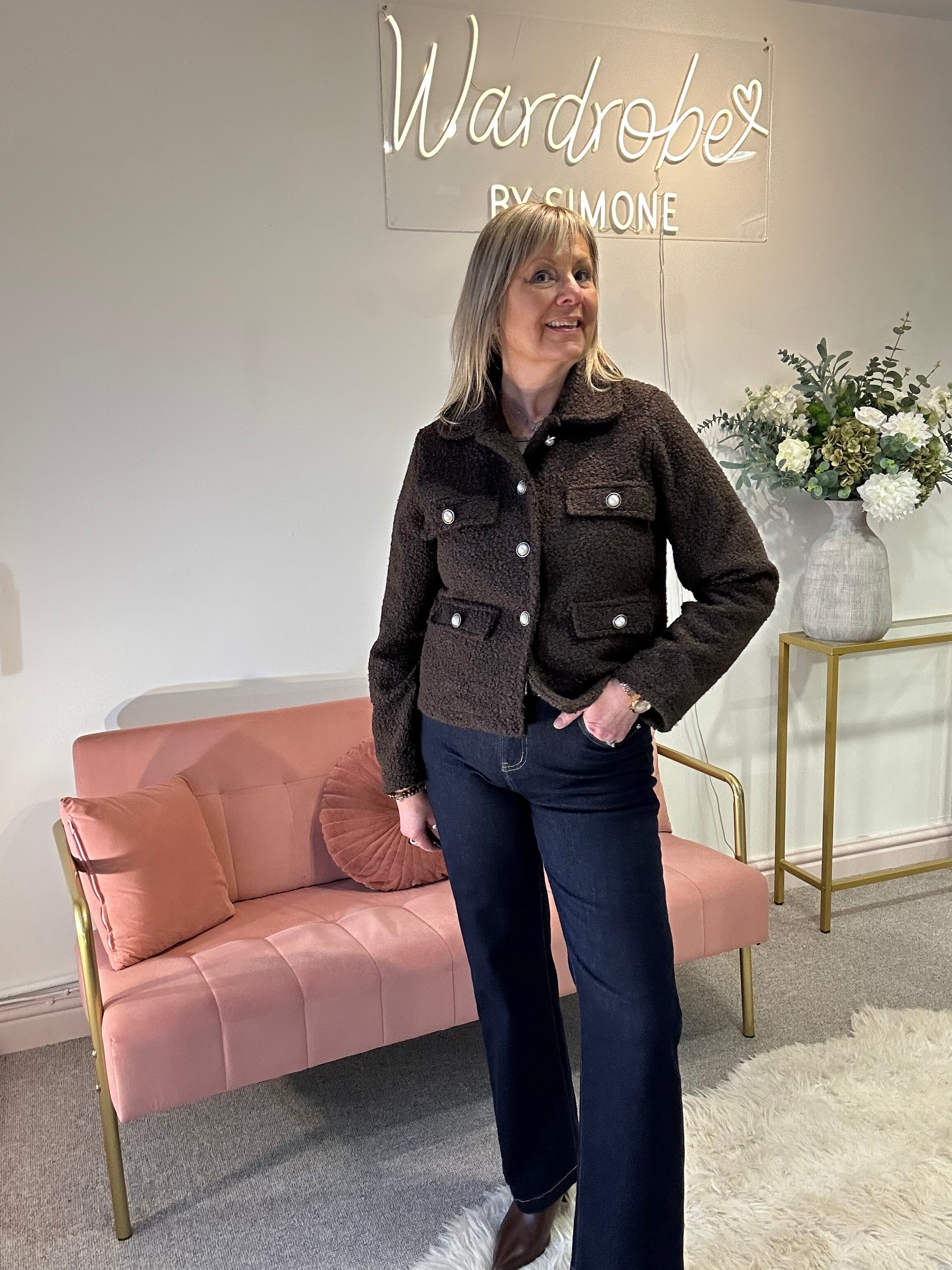 Stylish Teddy Boucle Pearl Jacket - Brown