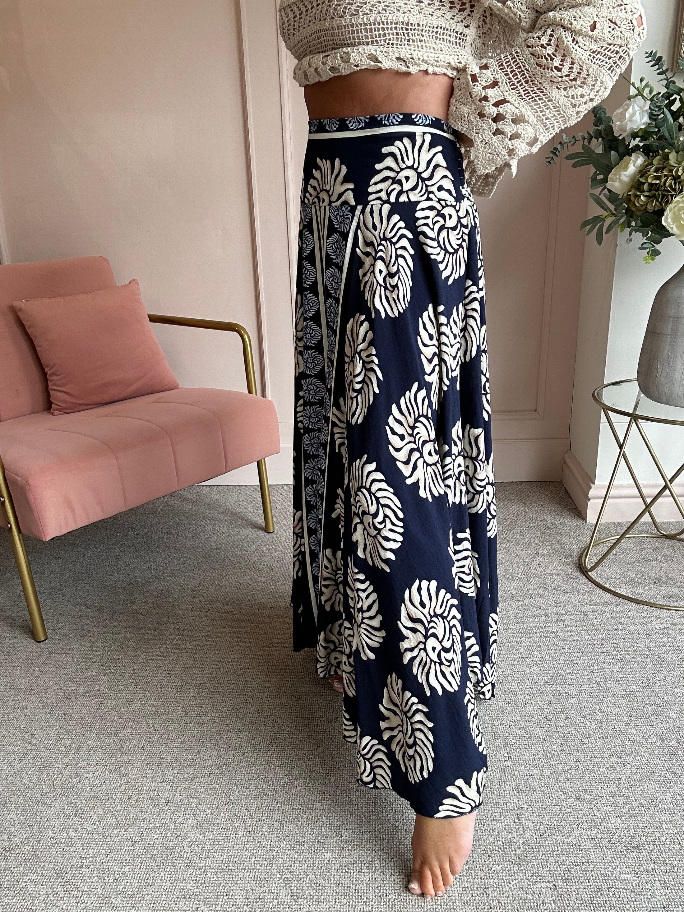 Wide Patterned Culottes Pant - Navy/Cream - Wardrobe By Simone