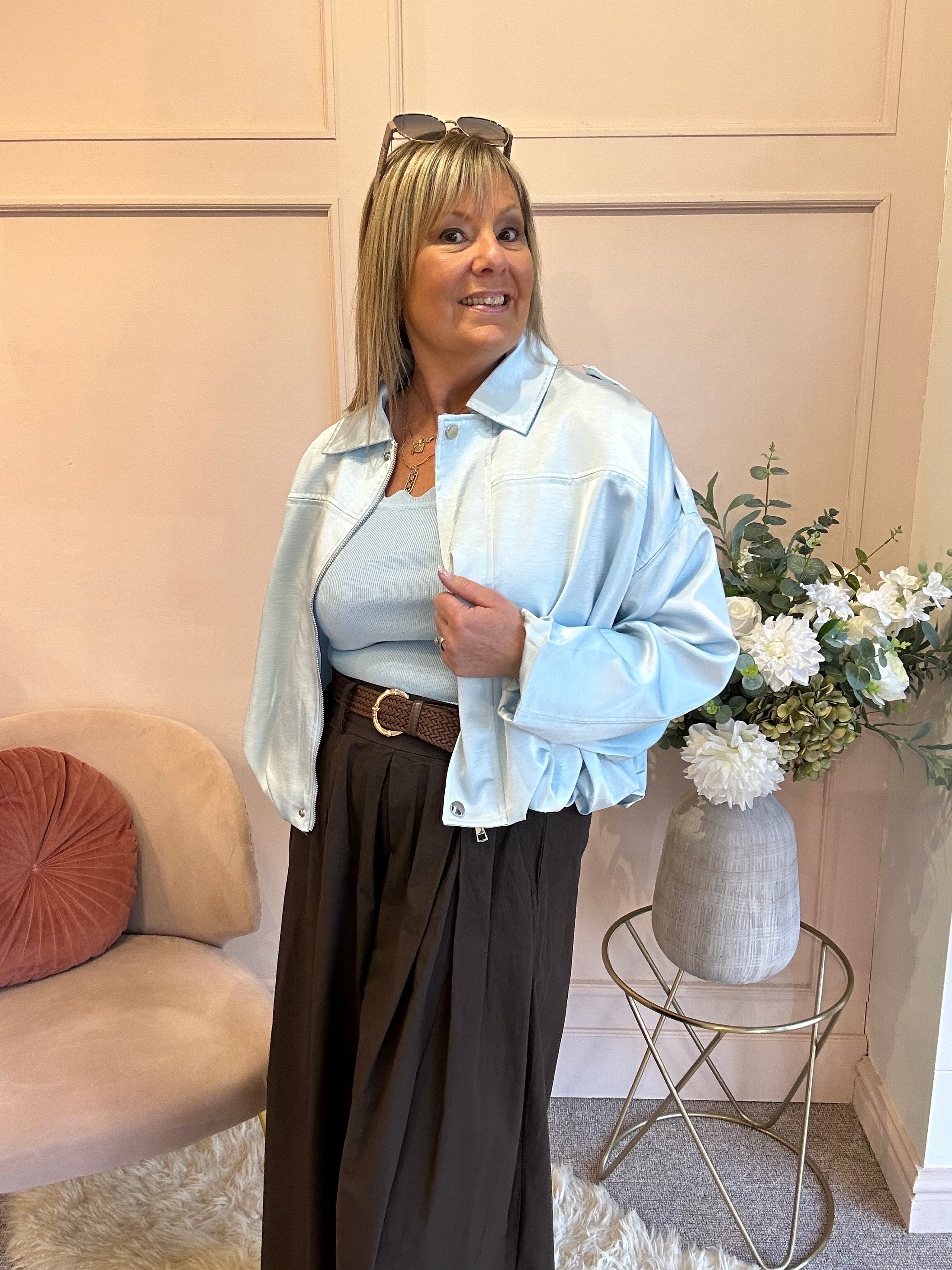 Sheer Shimmer Zipped Top - Aqua Soft Blue - Wardrobe By Simone