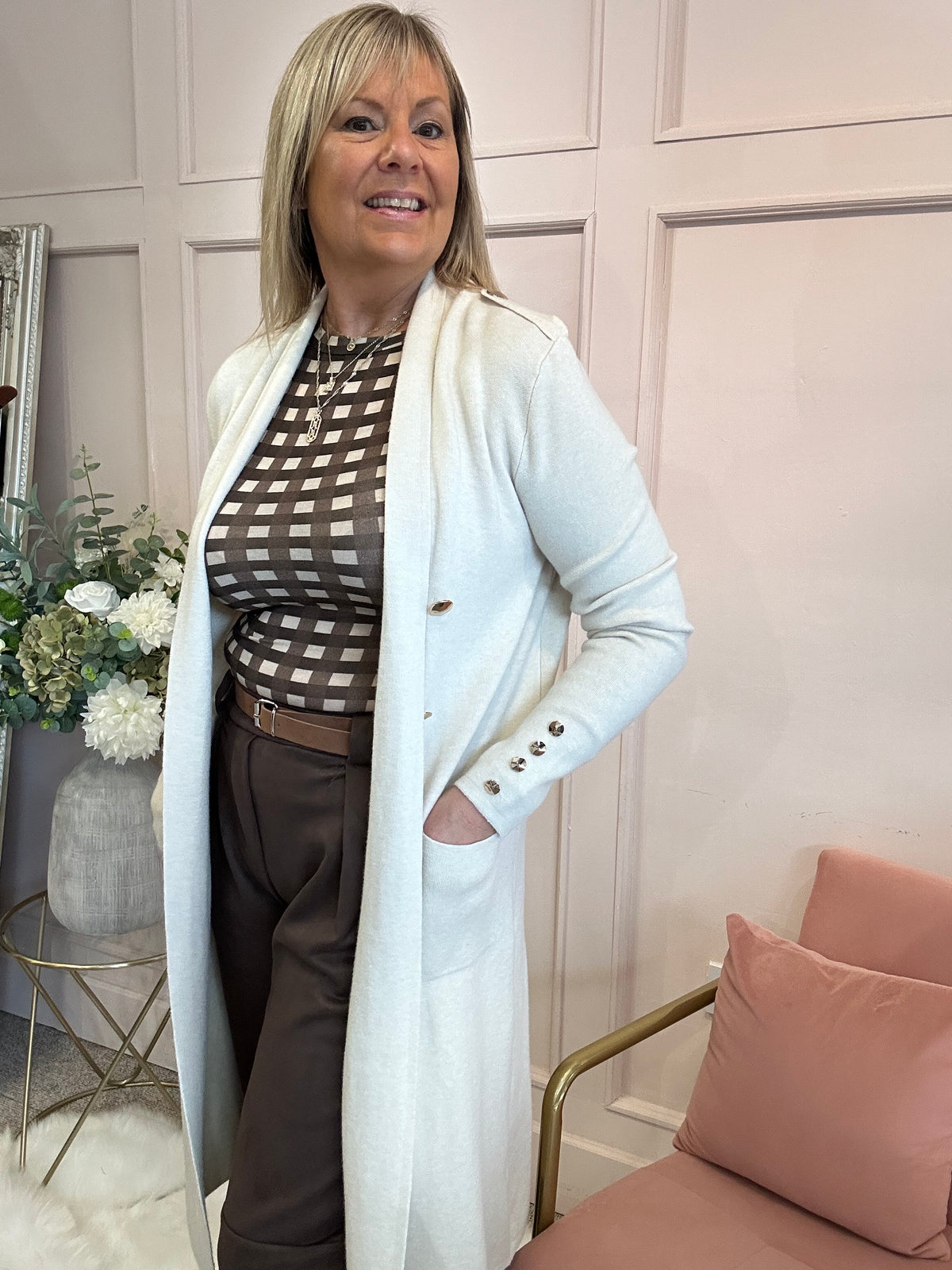 Long Gold Button Cardigan/Jacket - Cream