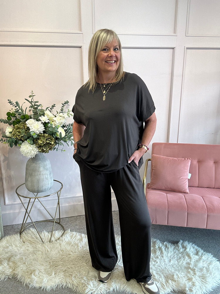 T Shirt & Wide Pant Lounge Set - Brown - Wardrobe By Simone