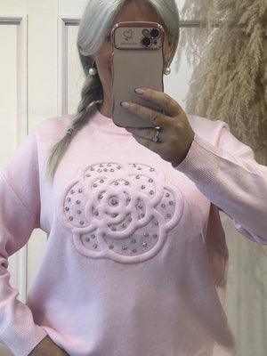 Flower & Silver Gems Jumper - Soft Pink