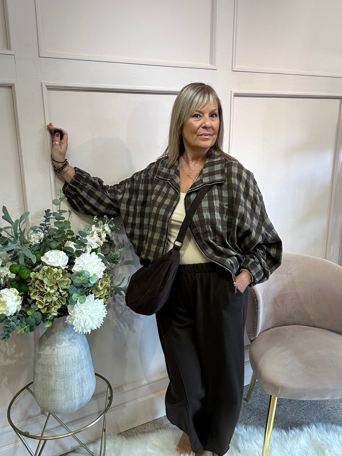 A Checked Zip Jacket - Khaki/Brown - Wardrobe By Simone