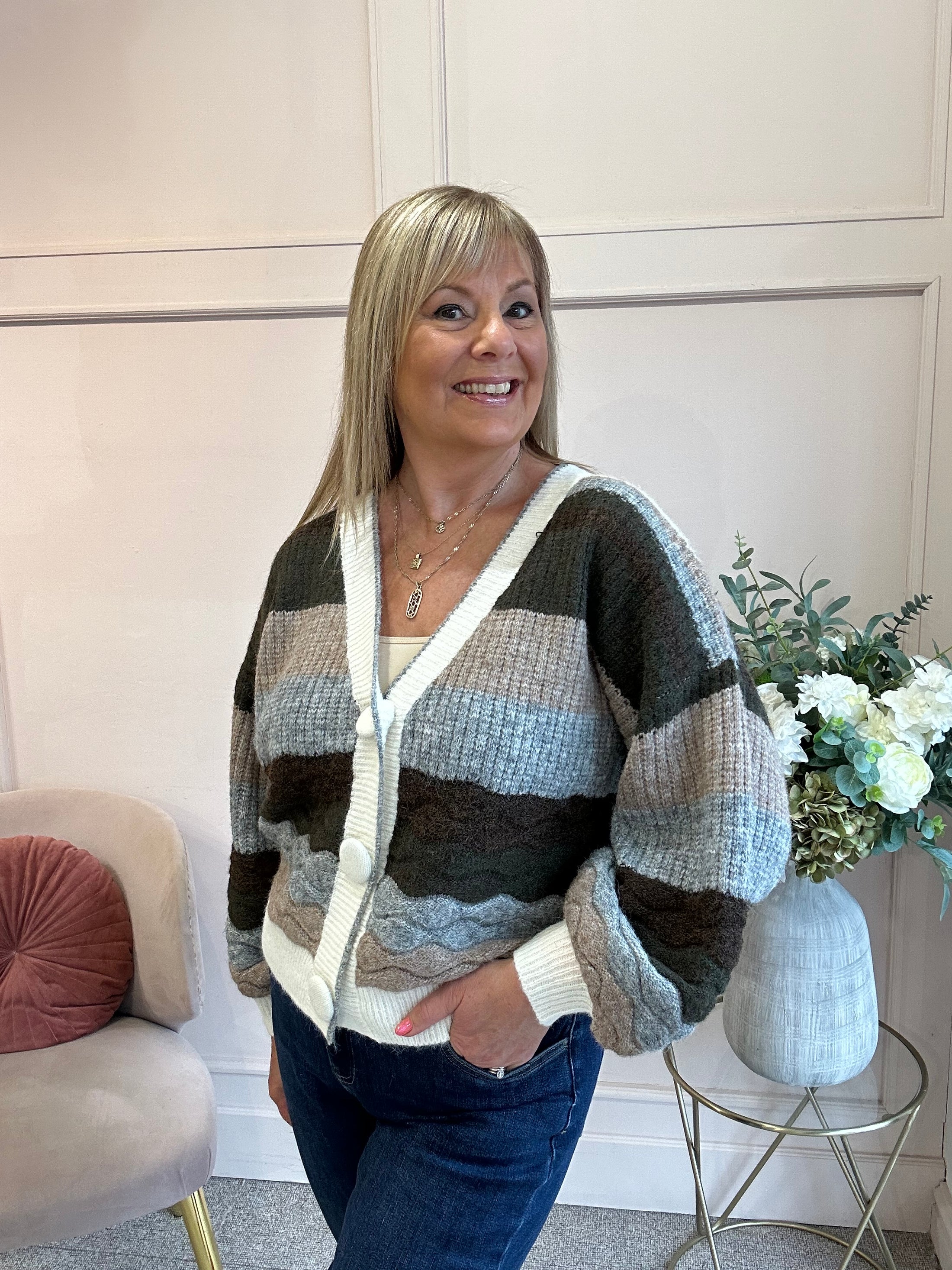 Buttoned Striped Cardi  - Brown/Mix