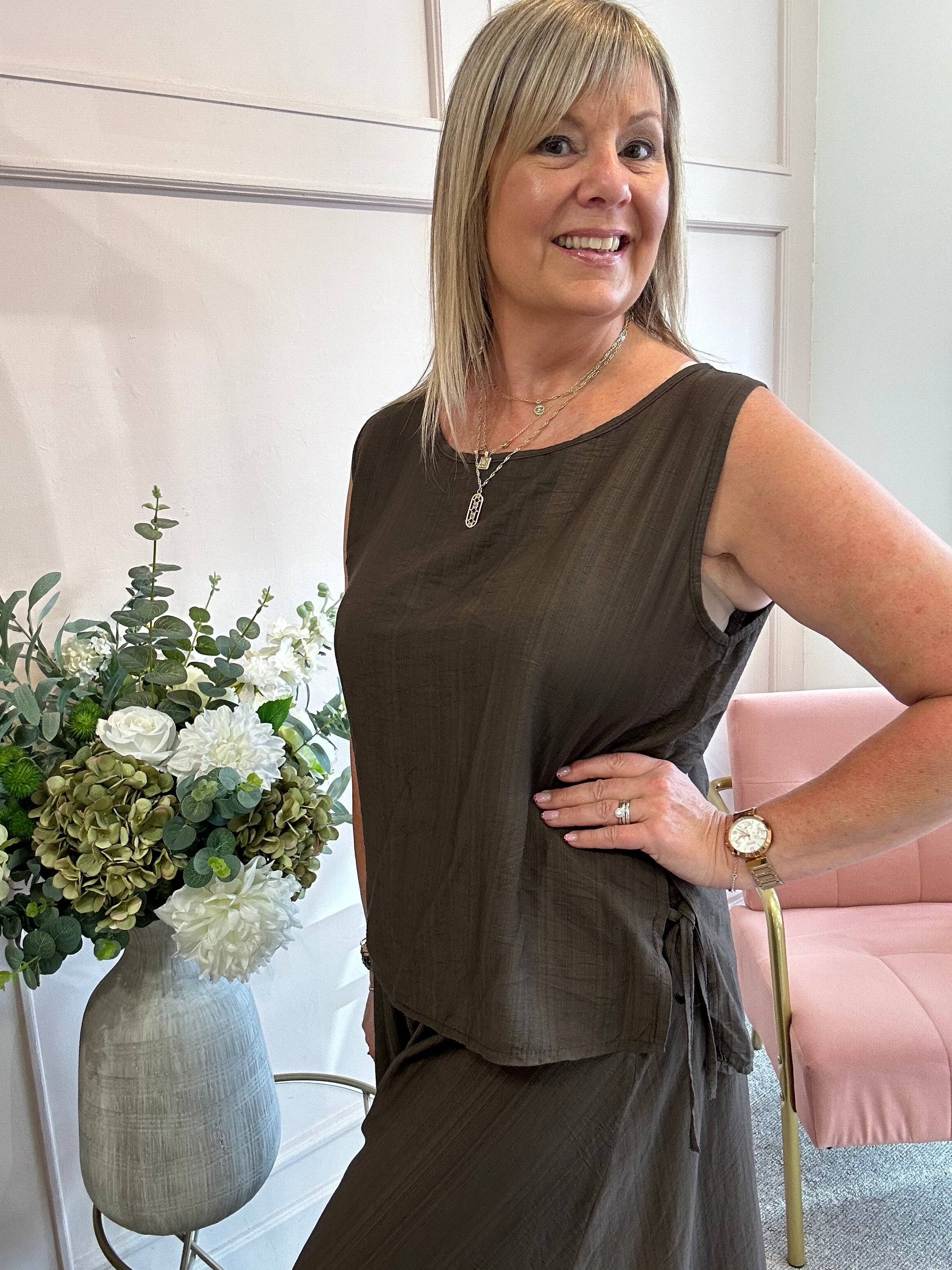 Side Tie Sleeveless Top - Brown