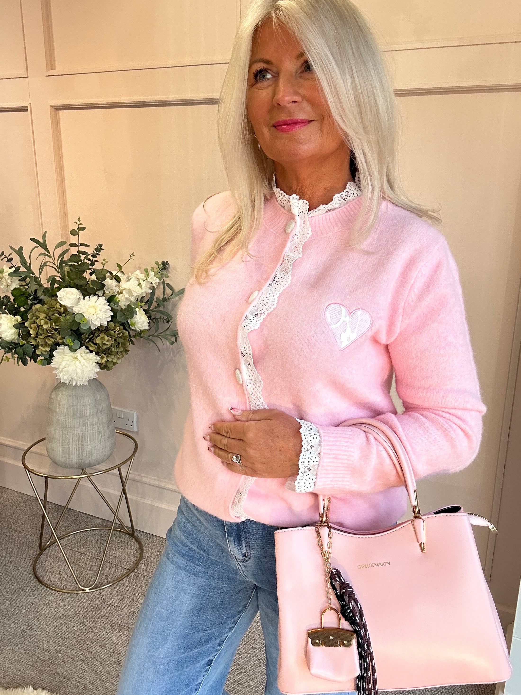 Lace Detail & Heart Cardigan - Soft Pink