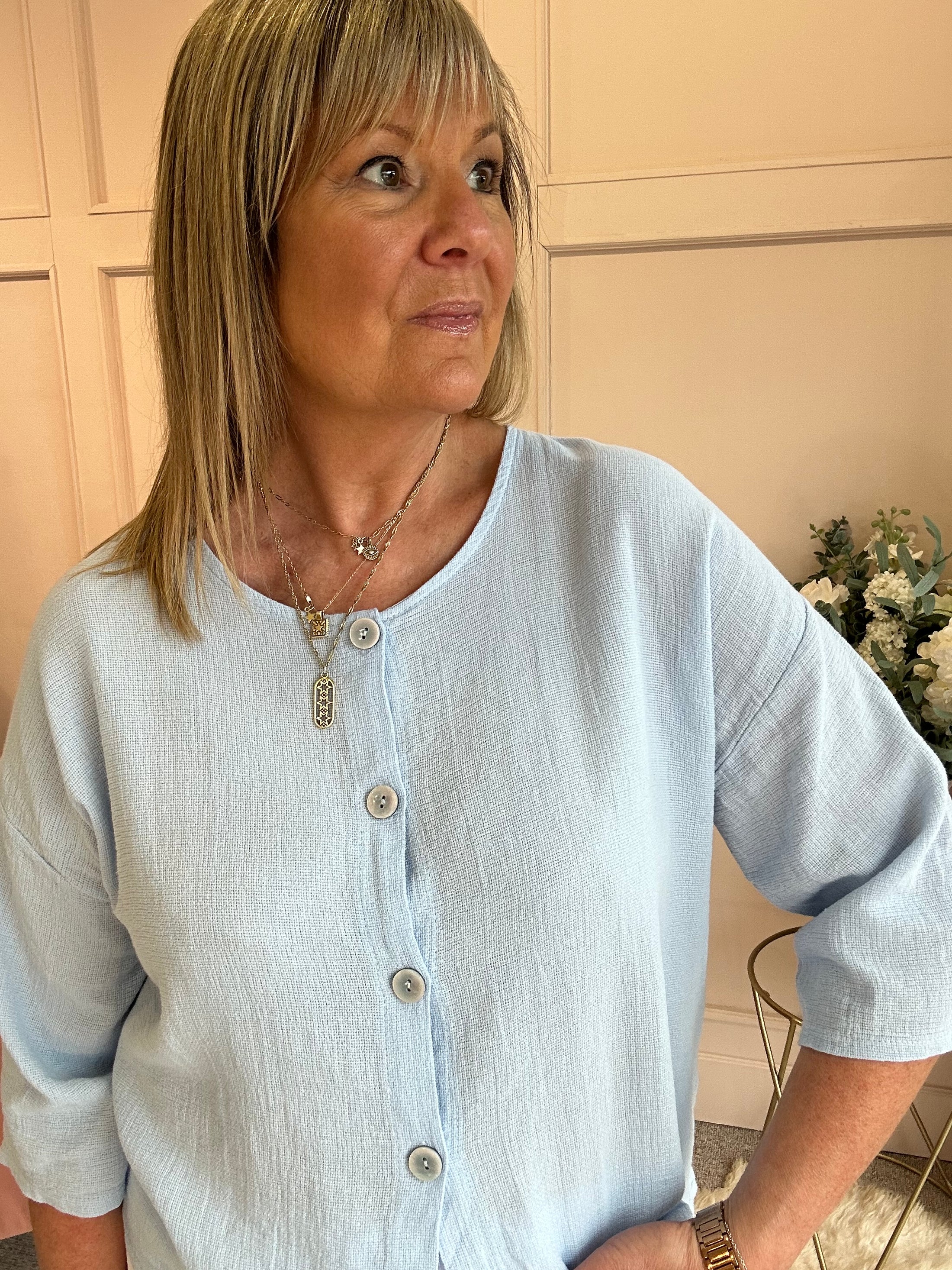 Cotton Buttoned Top  - Powder Blue - Wardrobe By Simone