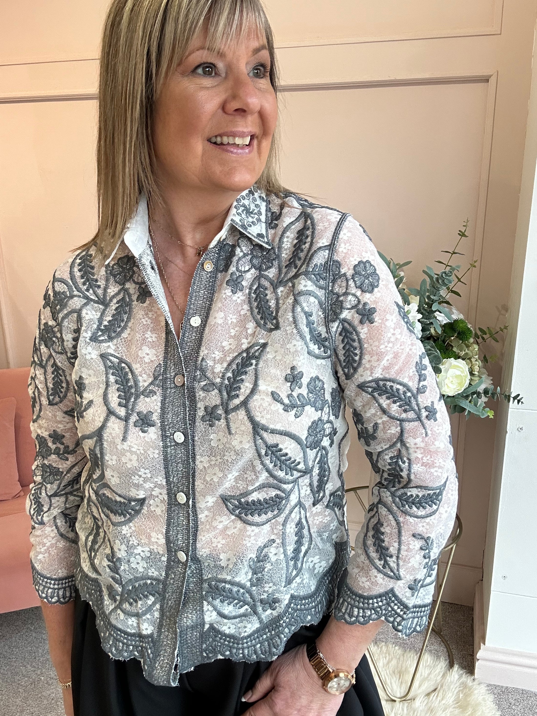 Pretty Embroidered Lace Shirt - White/Grey - Wardrobe By Simone