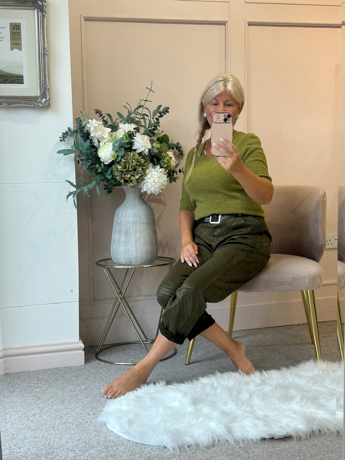 V Neck Short Sleeve Jumper - Olive