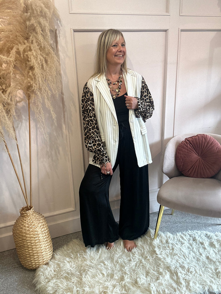 Pinstripe & Leopard Sleeve Blazer - Cream/Leopard - Wardrobe By Simone
