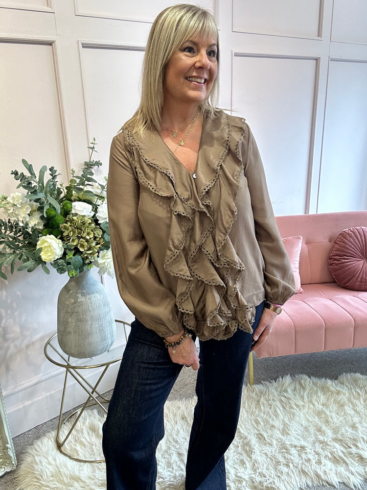 Boho Cascading Frill Shirt - Coffee