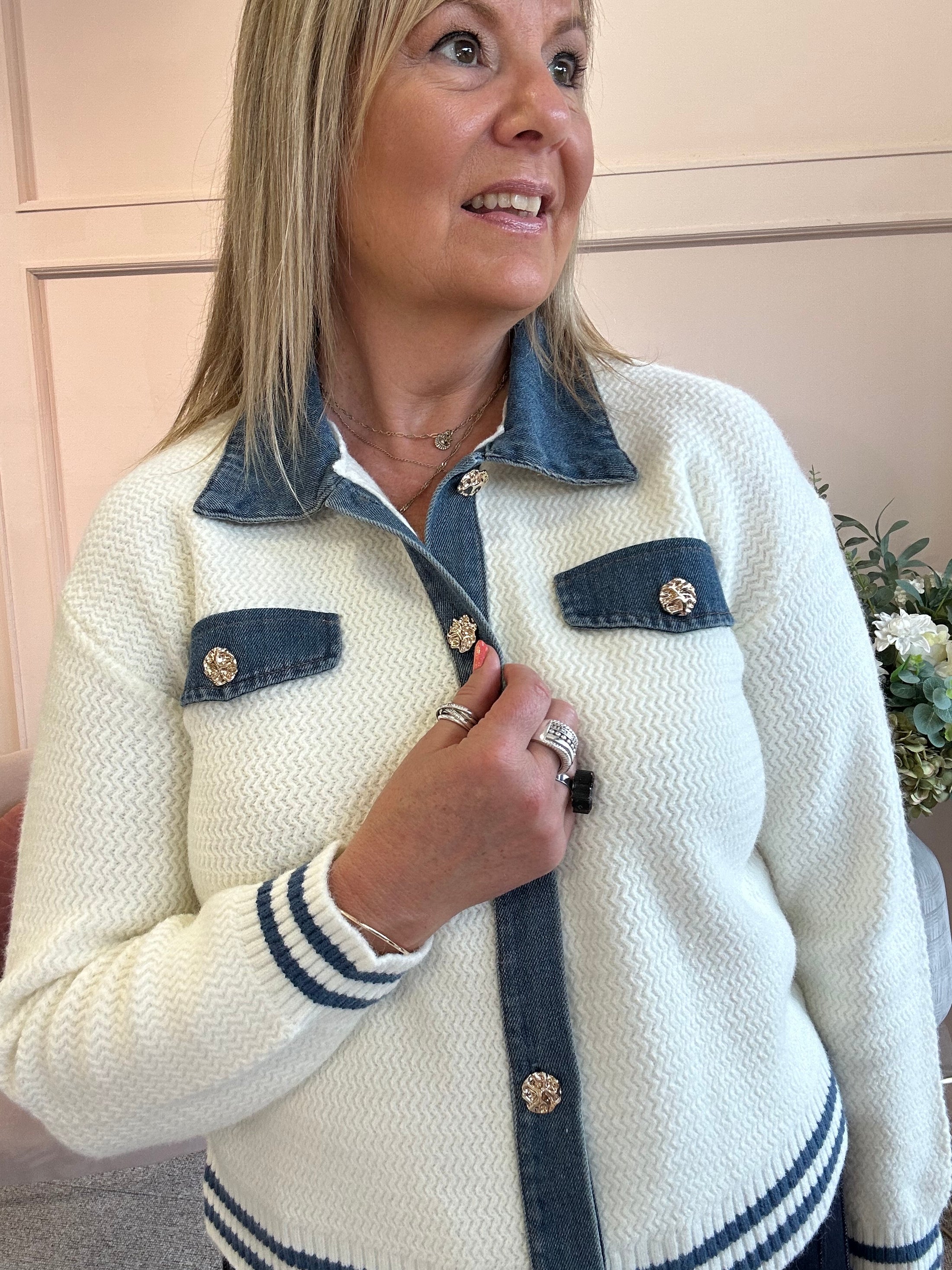 Denim Collar Cardigan Jacket - Cream/Denim