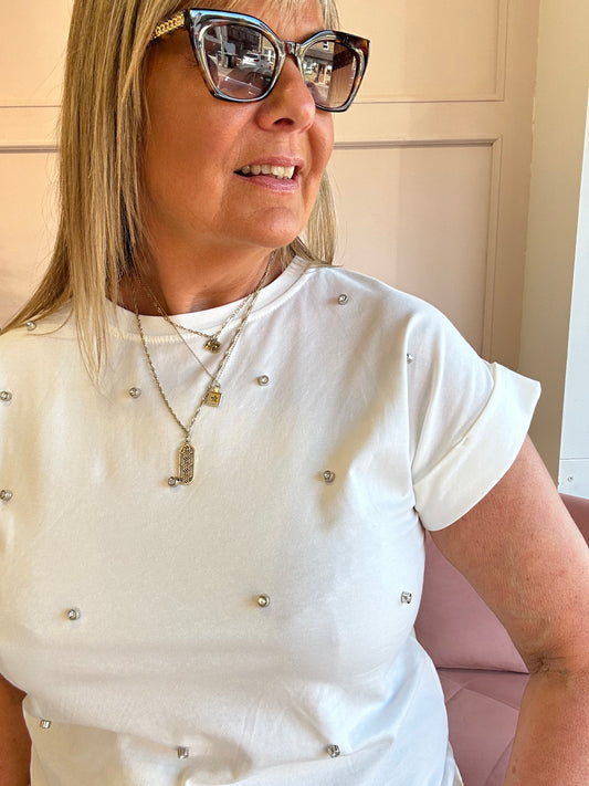 Diamante Gem Detail T Shirt  - White - Wardrobe By Simone