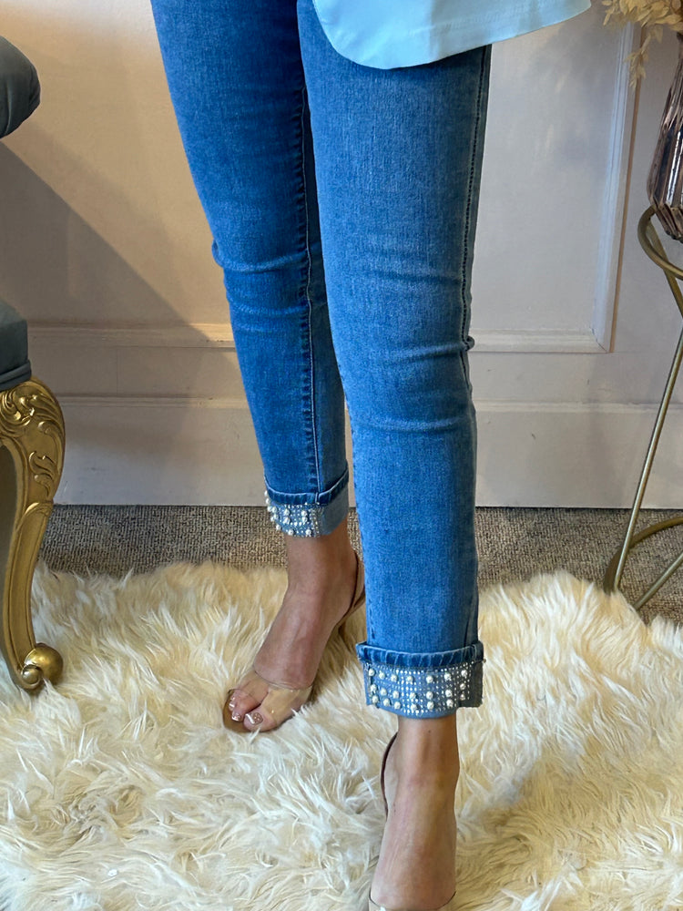 Pearl Detail Straight Leg Jeans- Lighter Denim - Wardrobe By Simone