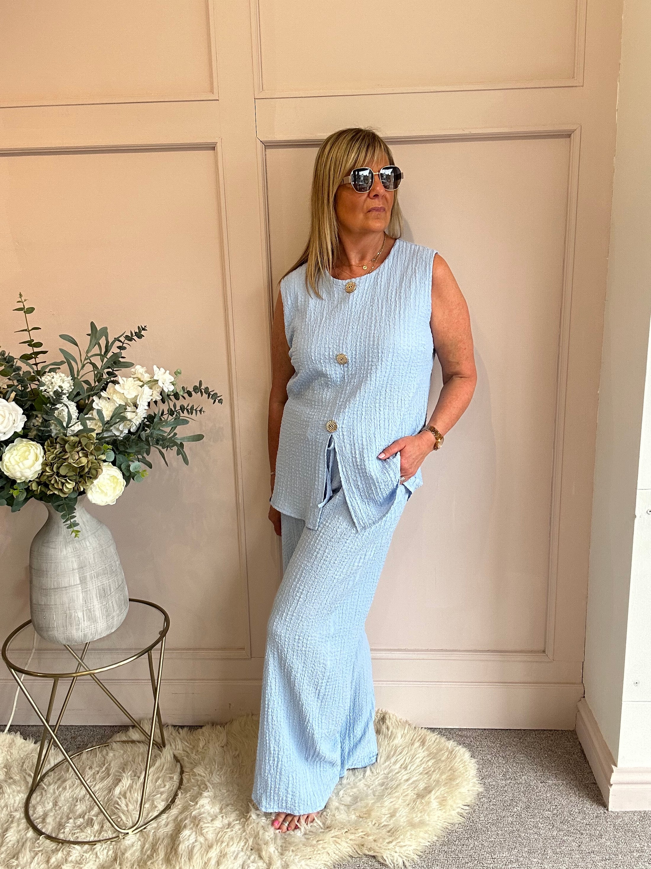 Waffle Effect Top & Pant Set - Cornflower Blue - Wardrobe By Simone