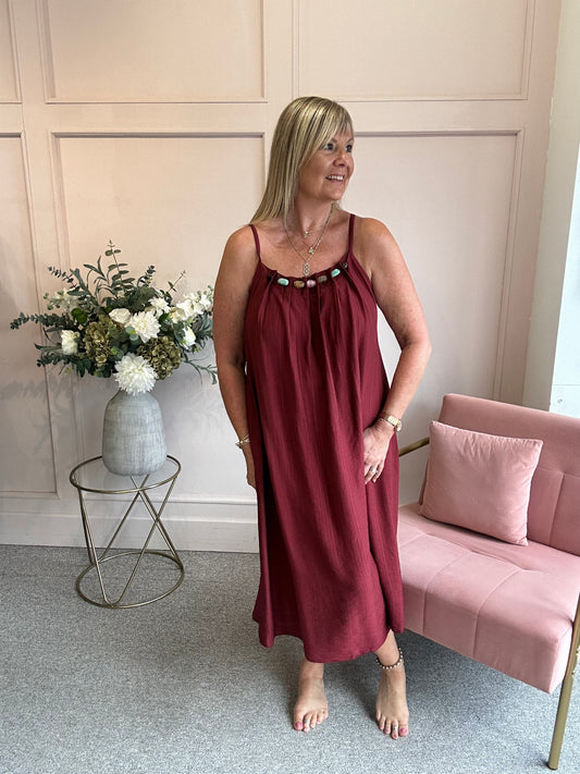 Beaded Strapy Sundress Dress - Burgundy