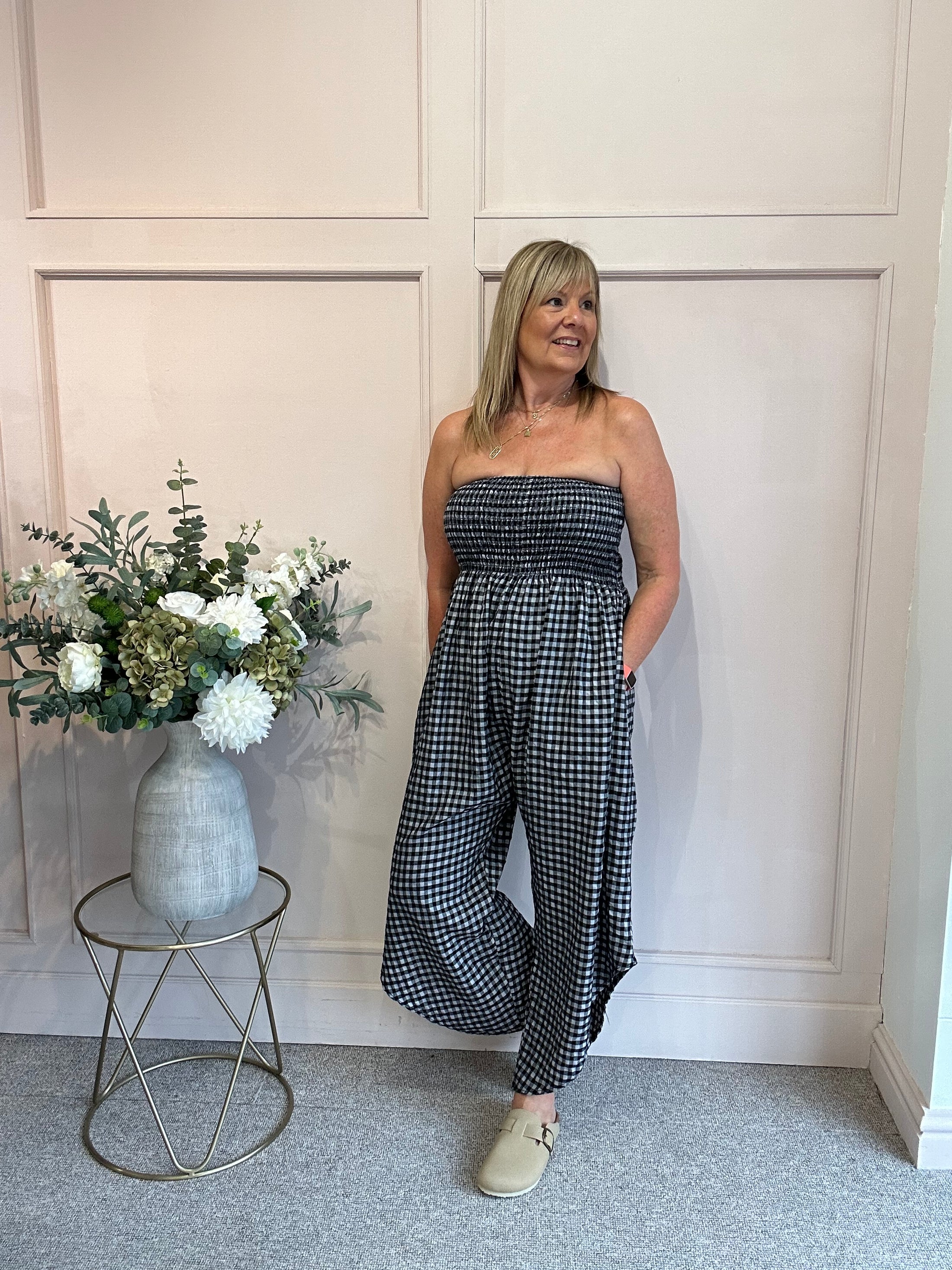 Elasticated Bodice Gingham Jumpsuit - Black/White One Size