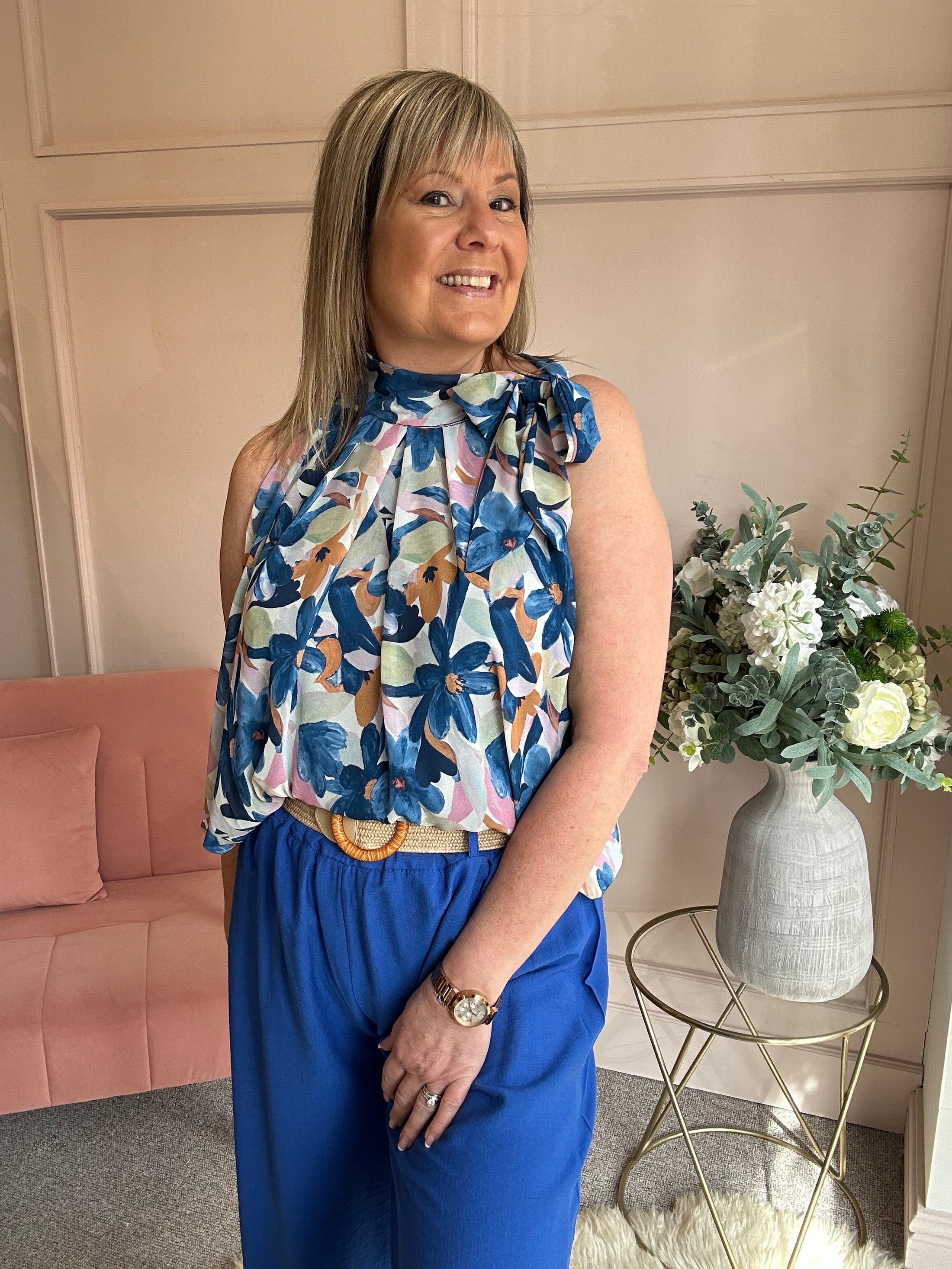 Floral Bow Tie Sleeveless Top - Blue/Pink - Wardrobe By Simone