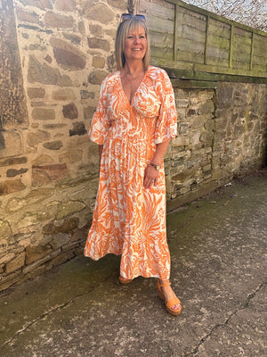 Flower Leaf Mix Maxi Dress - Orange/White