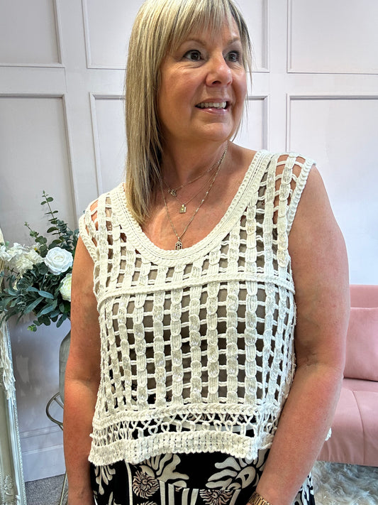 Open Crochet Scoop Neck Top  - Soft Beige - Wardrobe By Simone