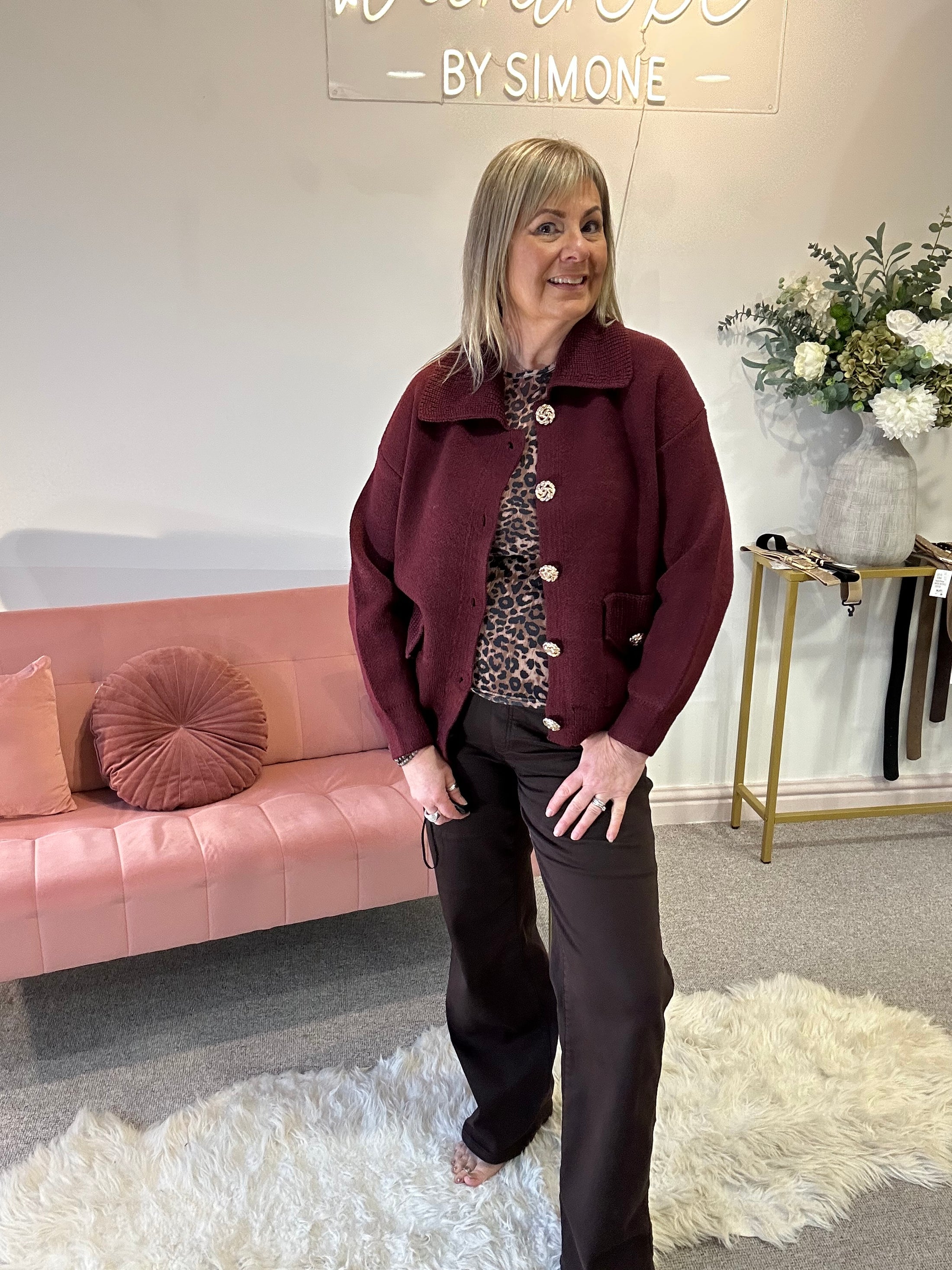 Gold Button Cardi Jacket -  Burgundy