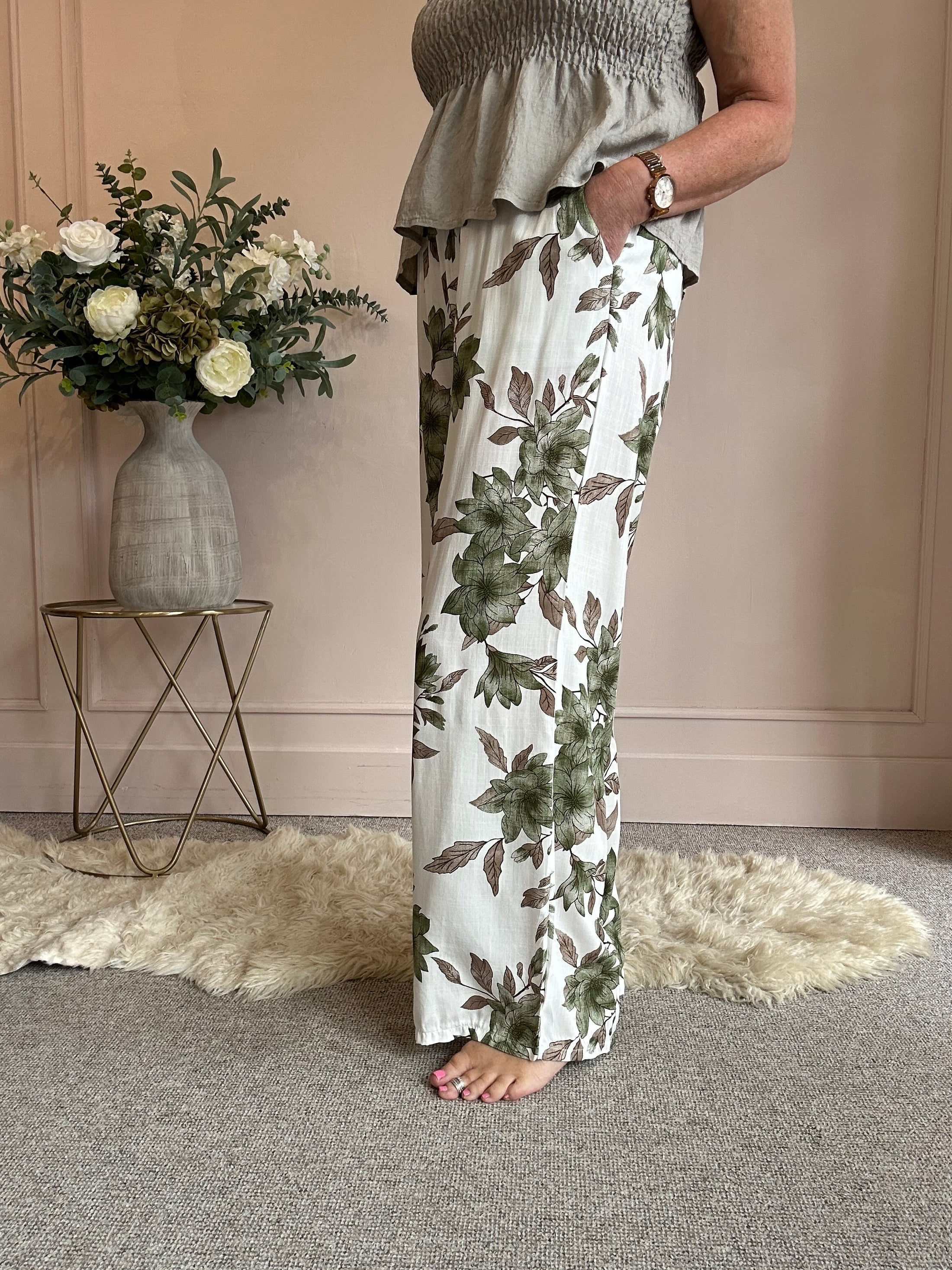 Summer Floral Trouser - Green/Cream - Wardrobe By Simone