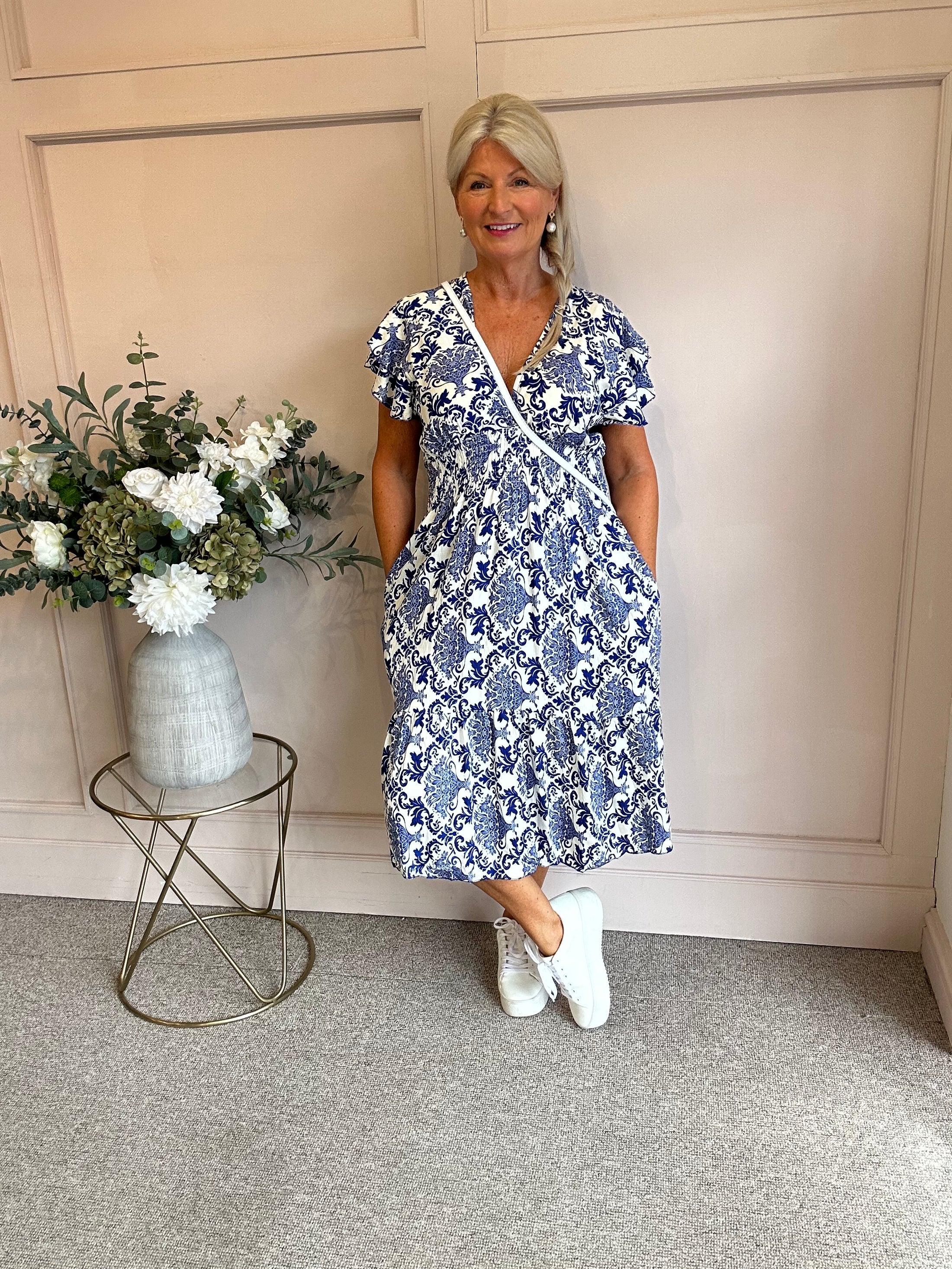 Fleur-De-Lis Midi Dress - Blue/White - Wardrobe By Simone