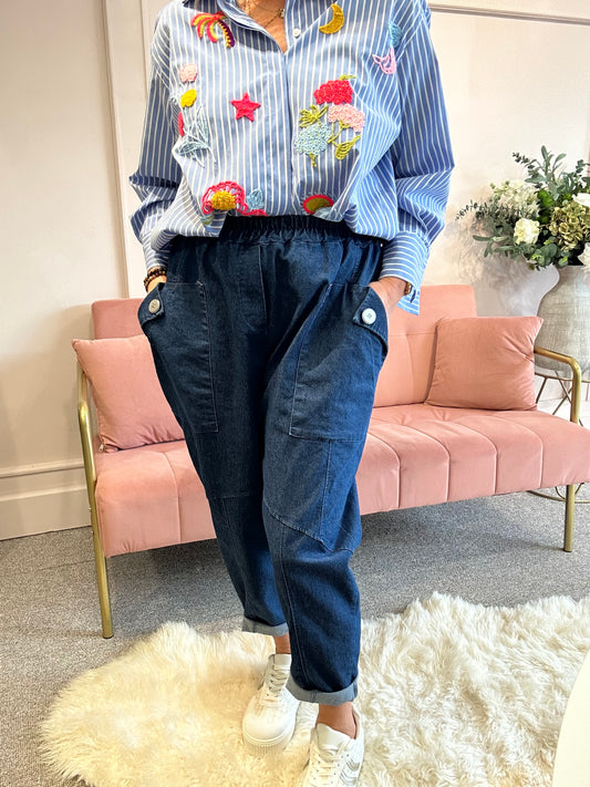 Baggy Button Denim Pant - Mid Blue - Wardrobe By Simone