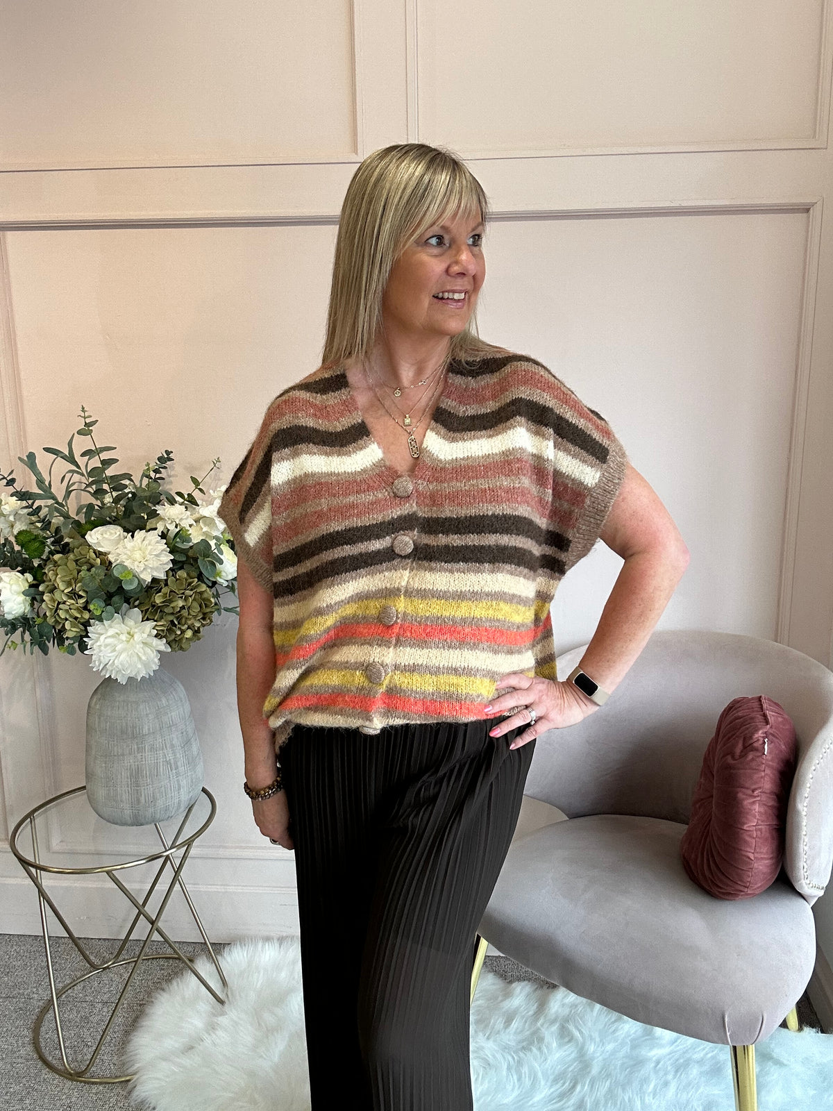Cosy Striped Waistcoat - Browns