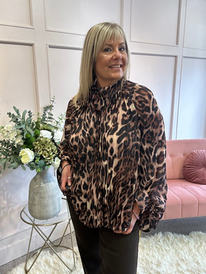 Leopard Floaty Tie Pleated Top - Leopard