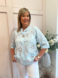 Load image into Gallery viewer, Pretty Applique Flower Shirt  - Soft Blue - Wardrobe By Simone
