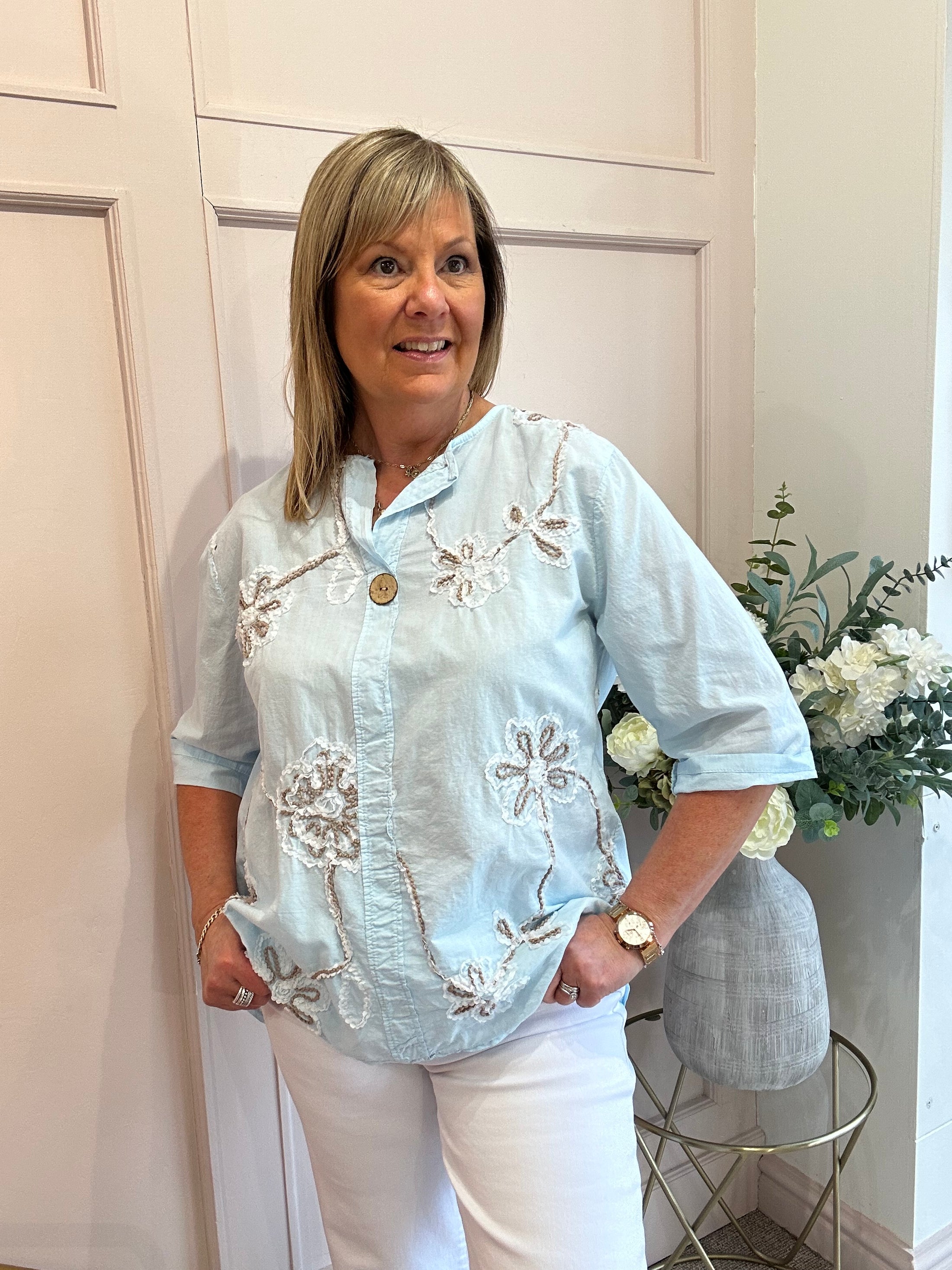 Pretty Applique Flower Shirt  - Soft Blue - Wardrobe By Simone