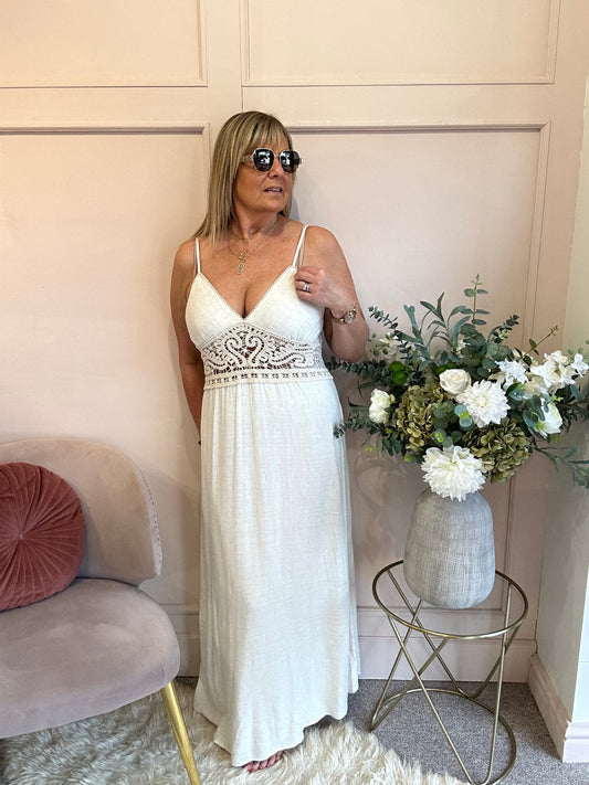 Boho Crochet Waist Maxi Dress - Soft Cream - Wardrobe By Simone