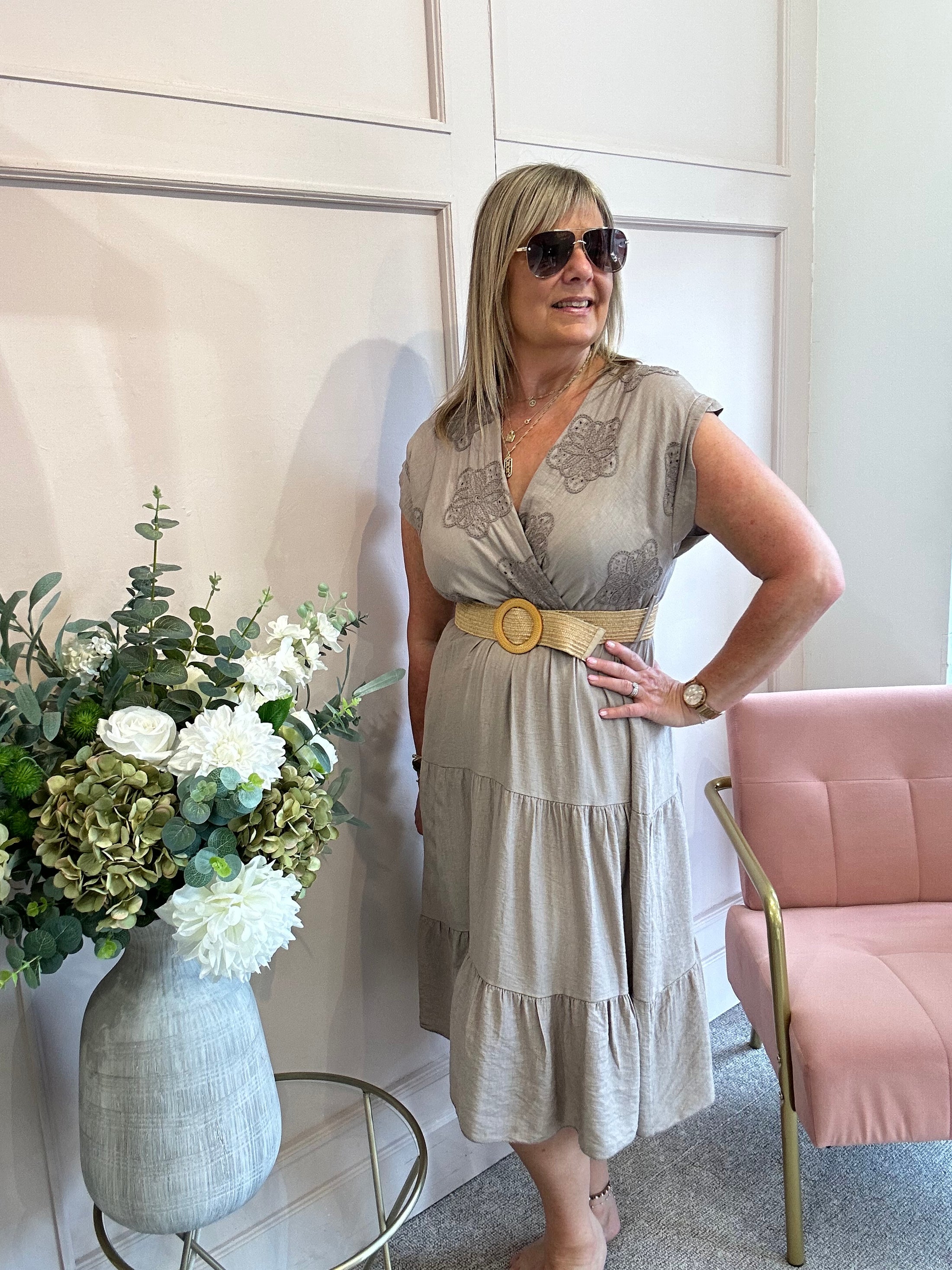Flower Detail Belted Midi Dress - Latte
