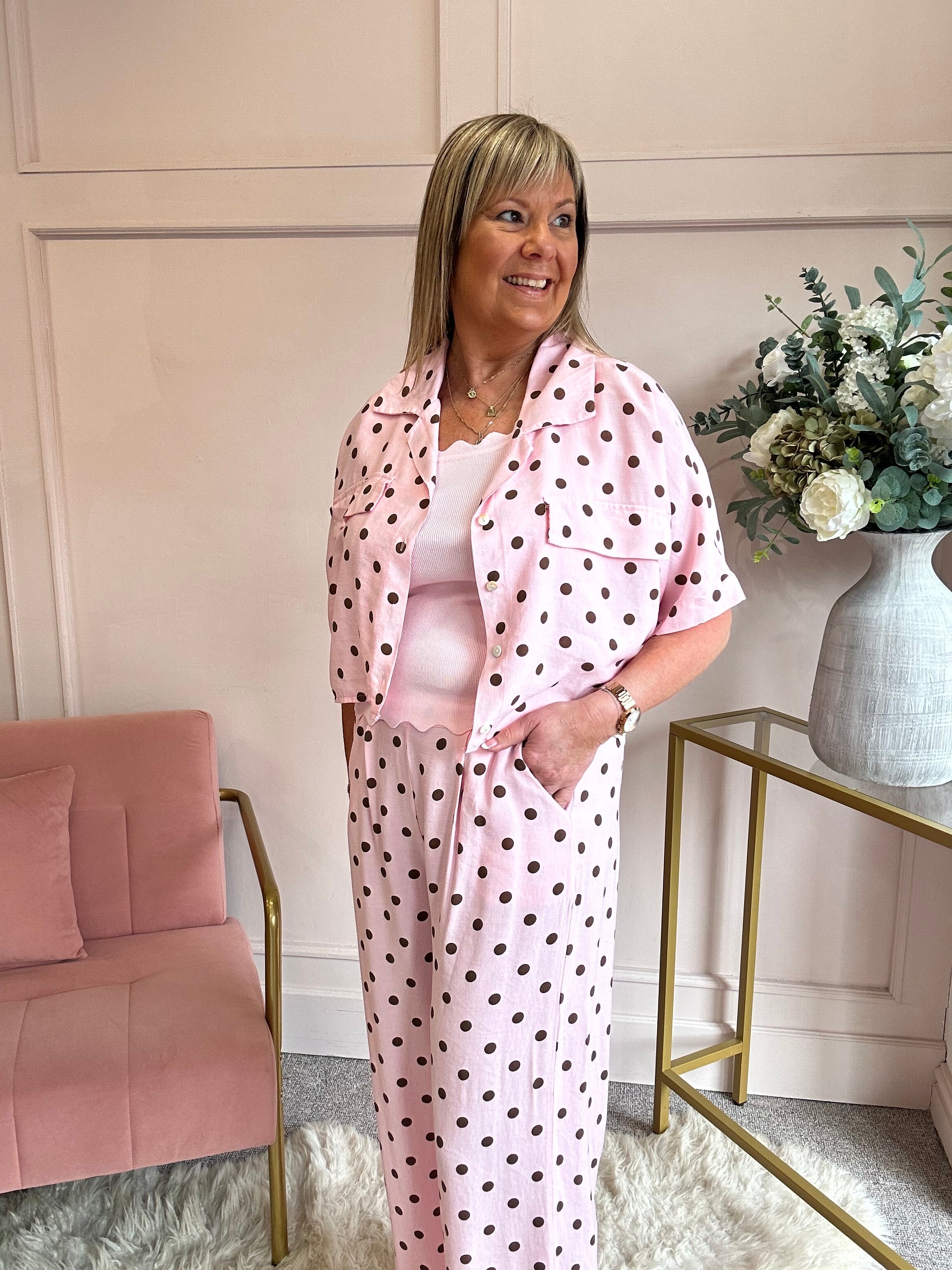 Polka Dot Shirt Pant Set - Sugar Pink/Brown - Wardrobe By Simone