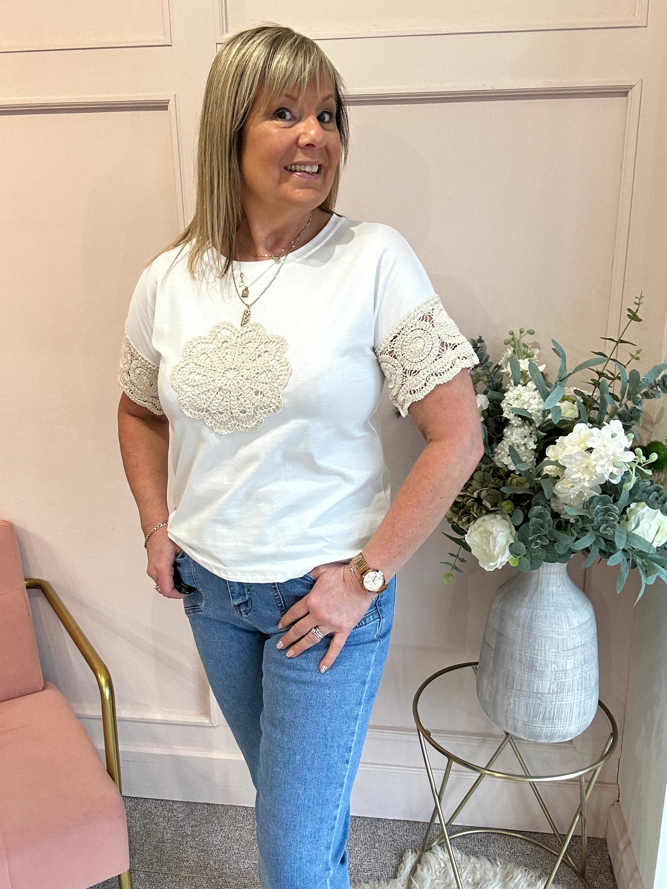 Crochet Beige Flower T Shirt  - White/Cream - Wardrobe By Simone