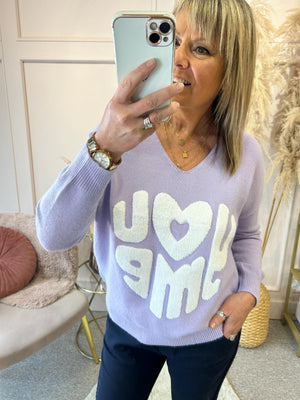 
            
                Load image into Gallery viewer, V Neck You Heart Me Jumper - Lilac - Wardrobe By Simone
            
        